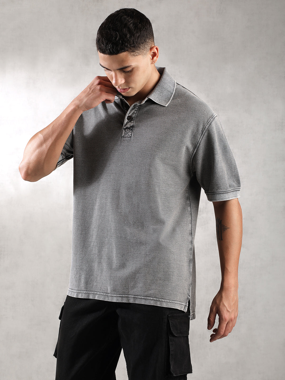 Men Grey Drop Shoulder Oversize Polo T-Shirt