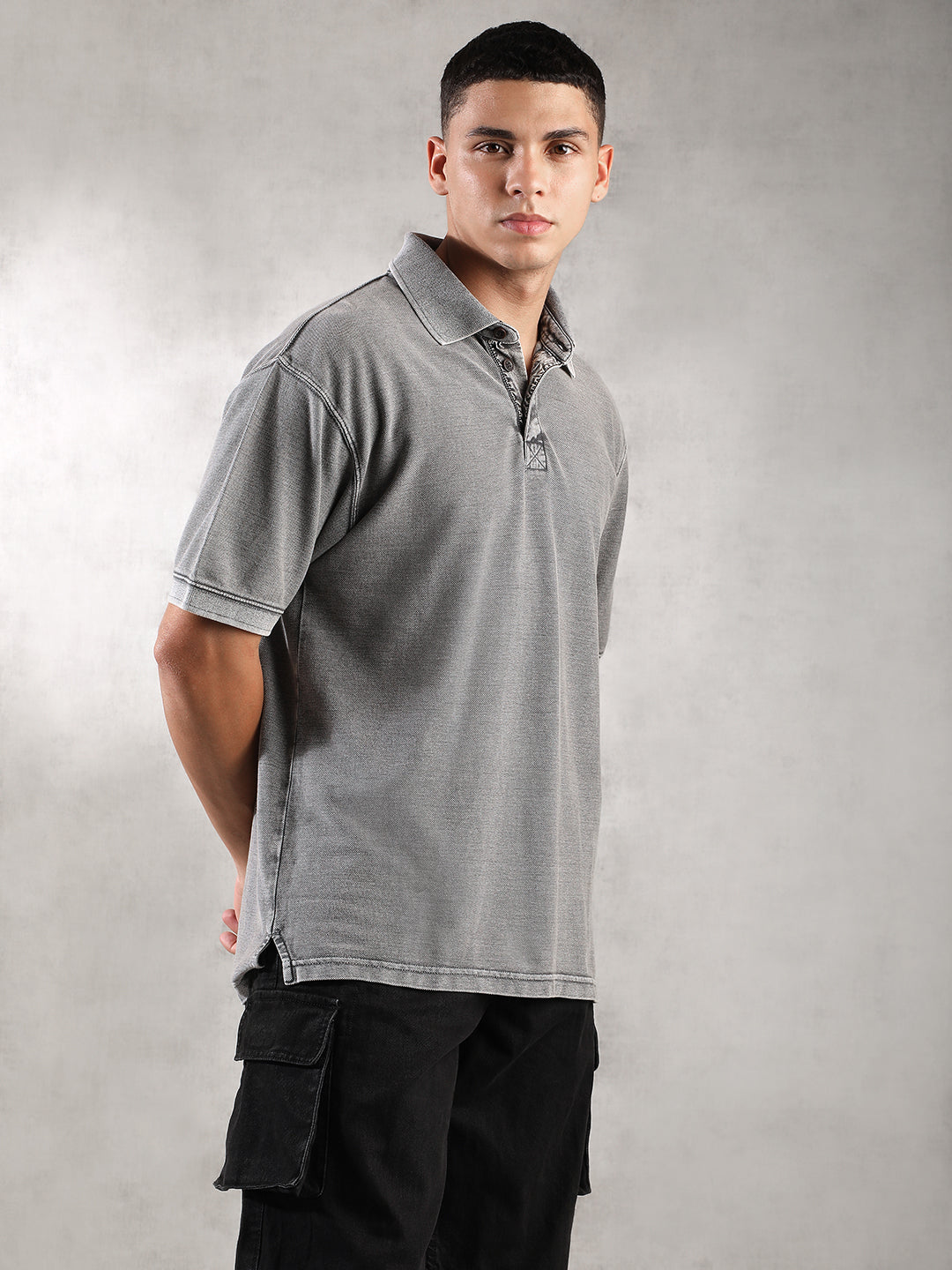 Men Grey Drop Shoulder Oversize Polo T-Shirt