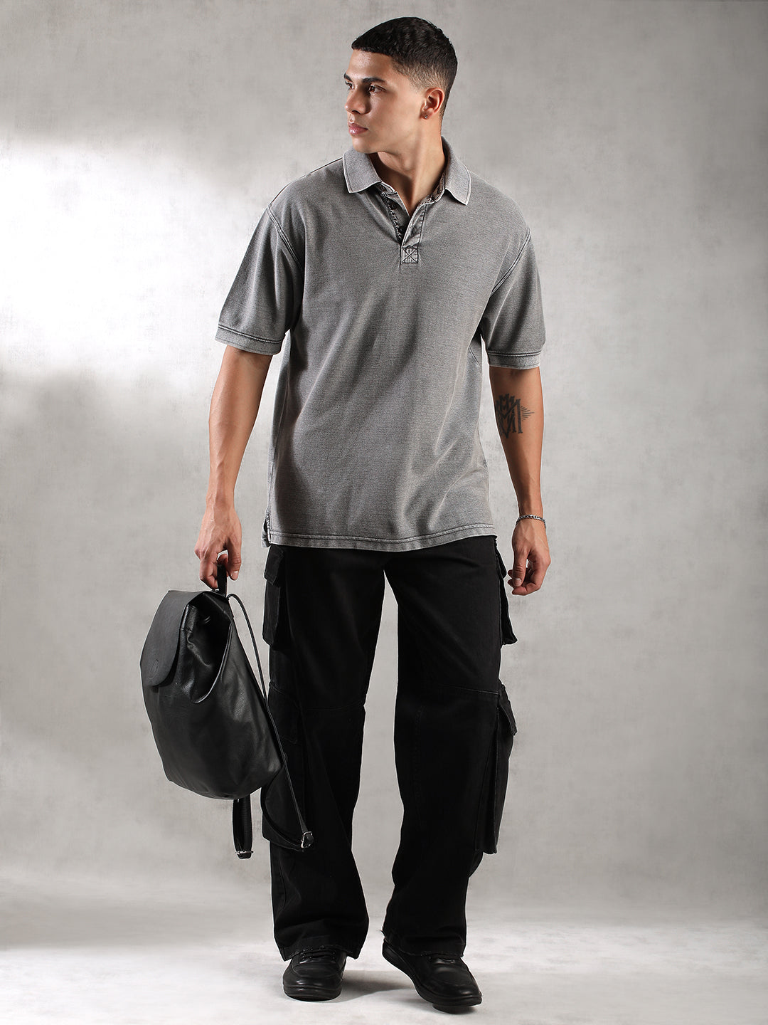 Men Grey Drop Shoulder Oversize Polo T-Shirt