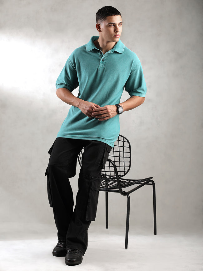 Men Teal Drop Shoulder Oversize Polo T-Shirt