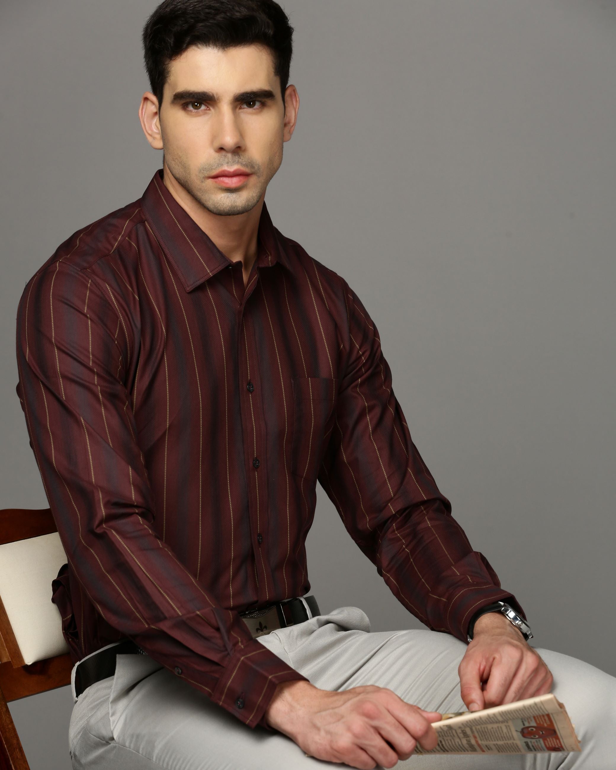 Men Maroon Cotton Blend Slim Shirt