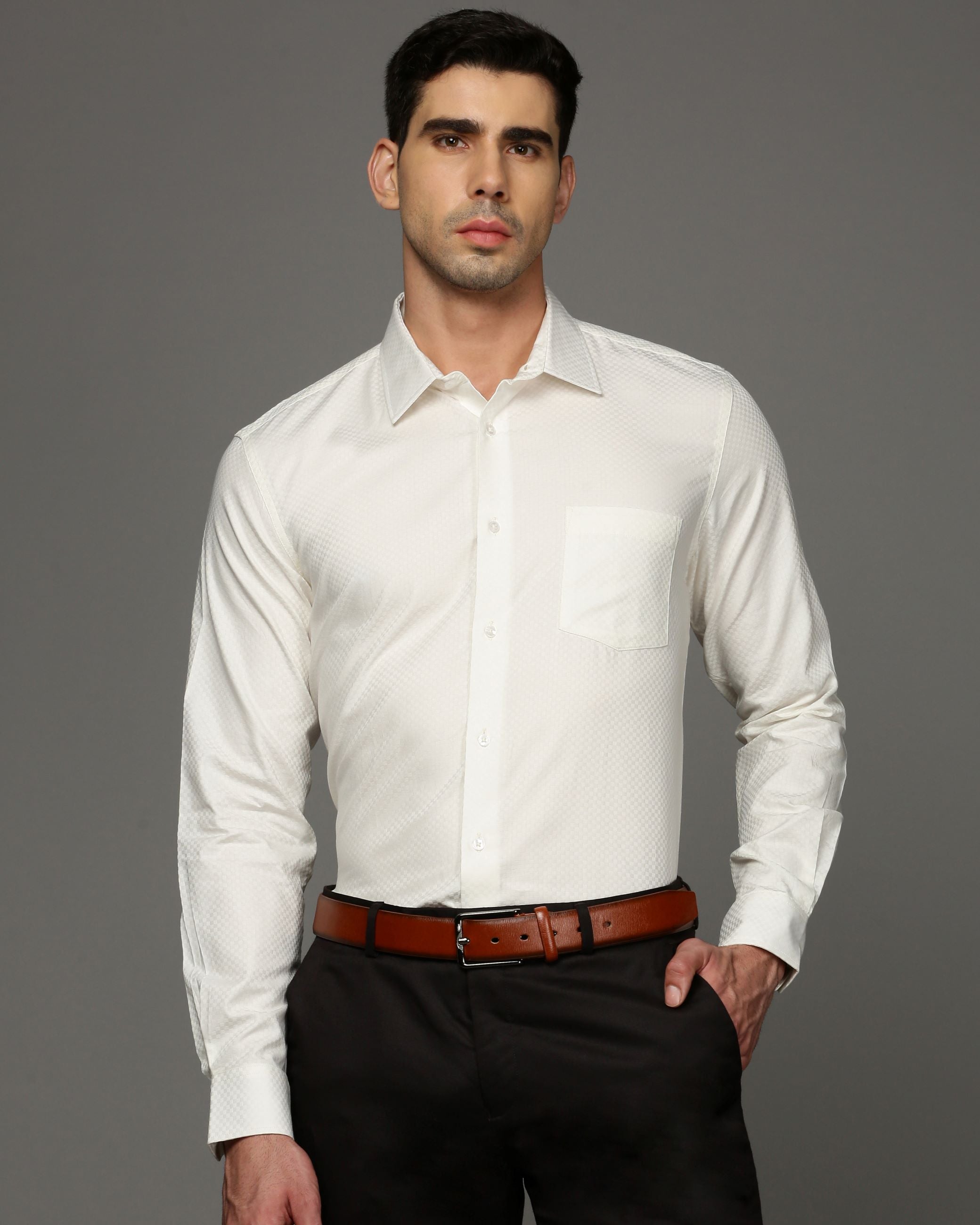 Men Beige Cotton Blend Slim Shirt
