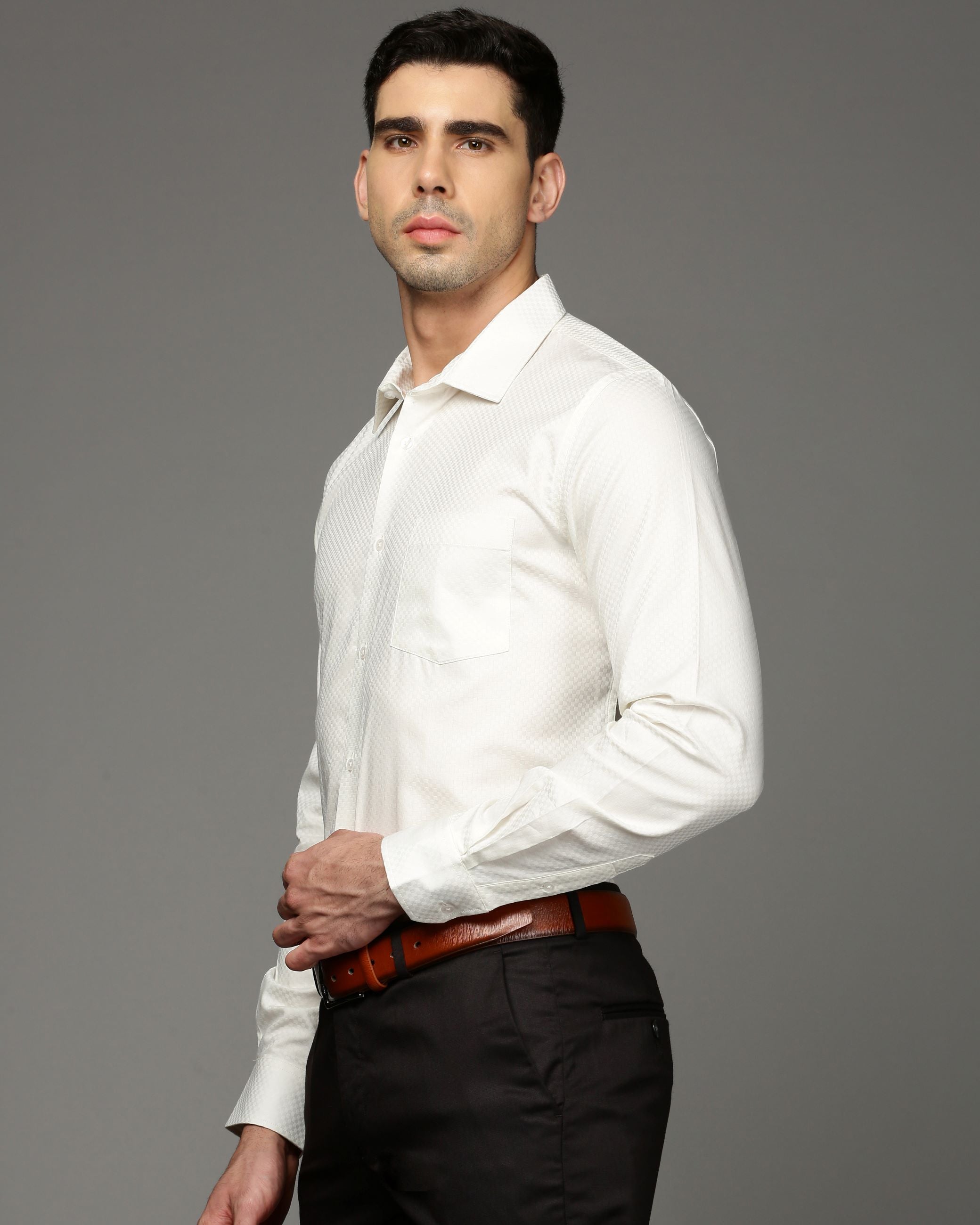 Men Beige Cotton Blend Slim Shirt