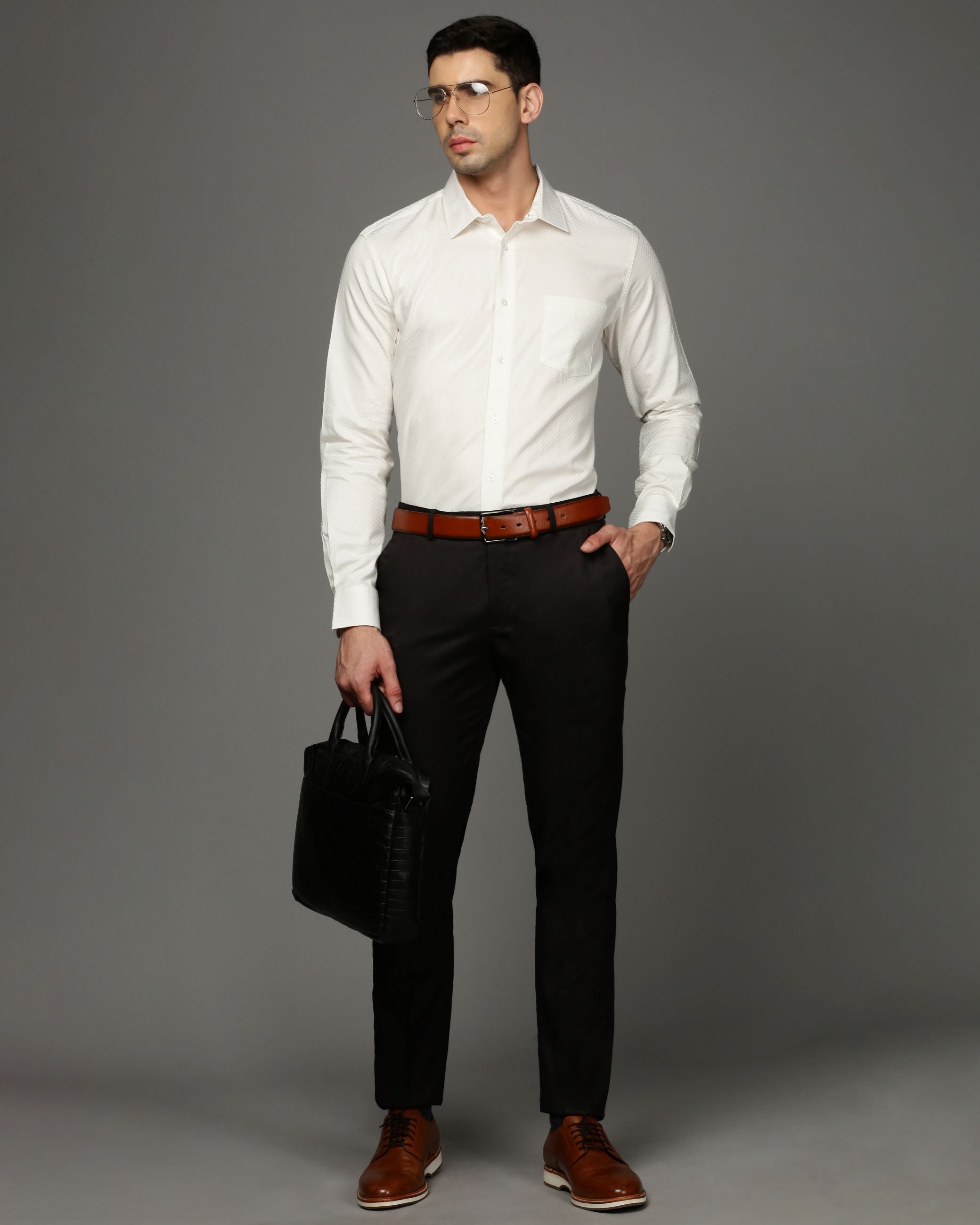 Men Beige Cotton Blend Slim Shirt