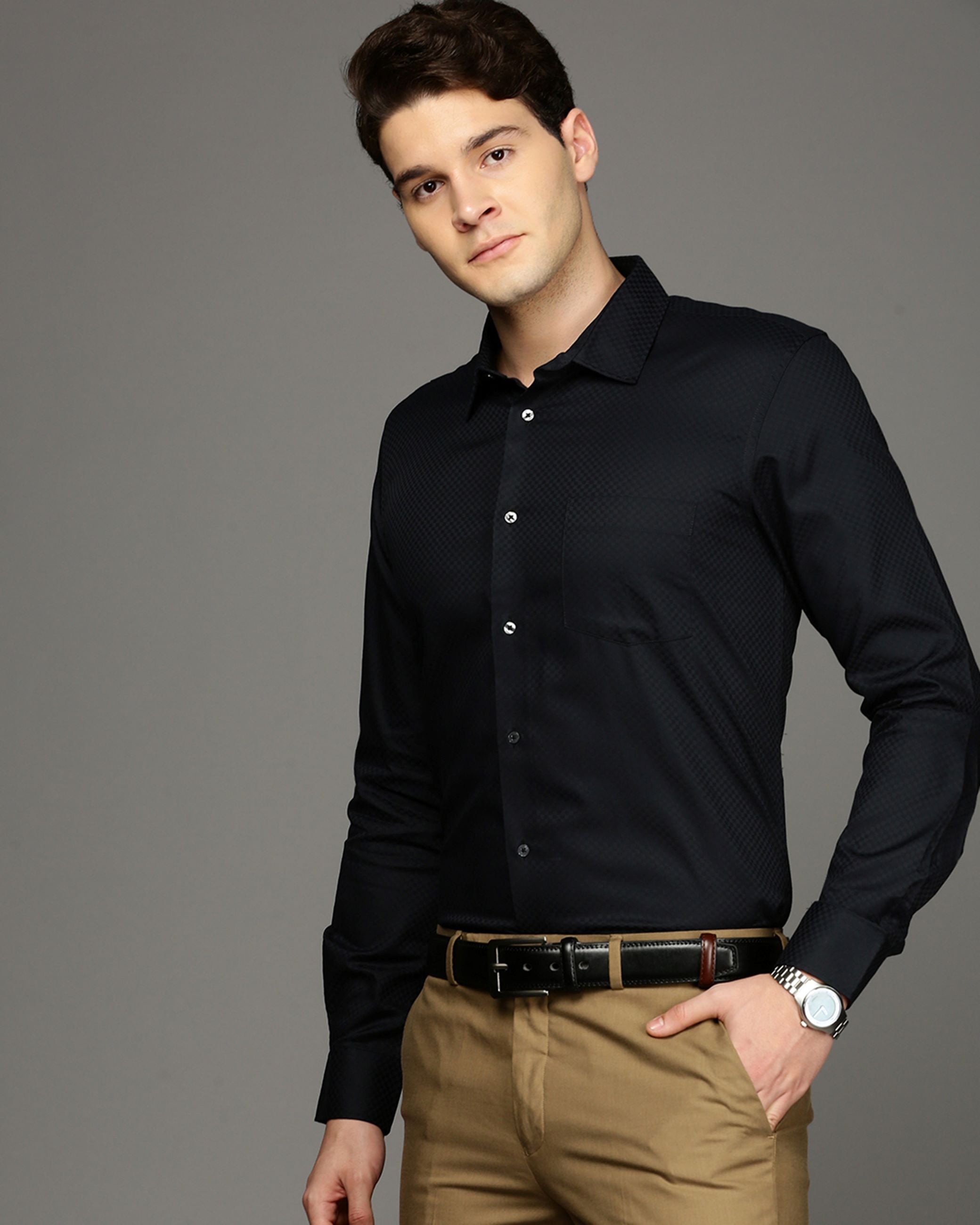 Men Black Cotton Blend Slim Shirt