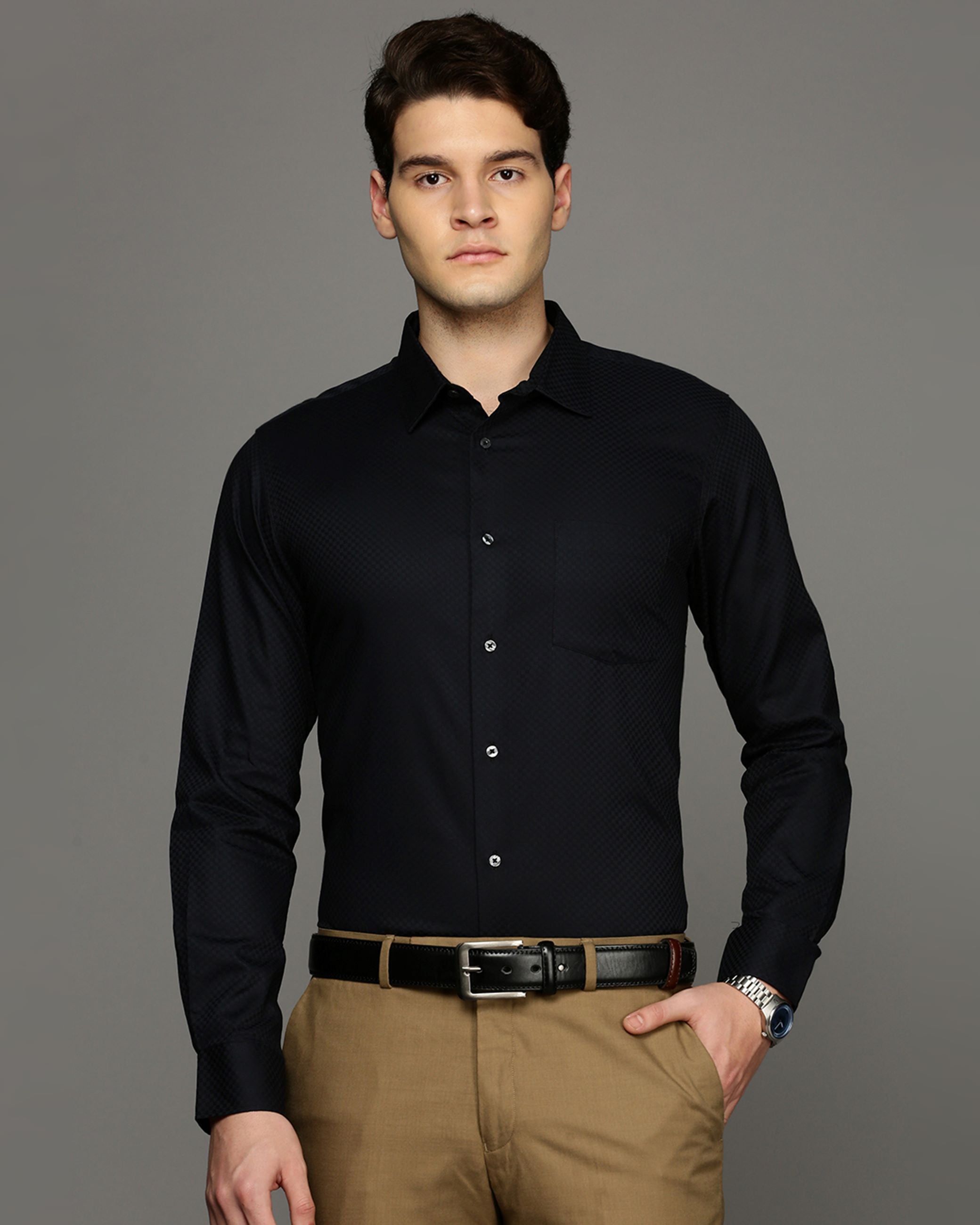 Men Black Cotton Blend Slim Shirt