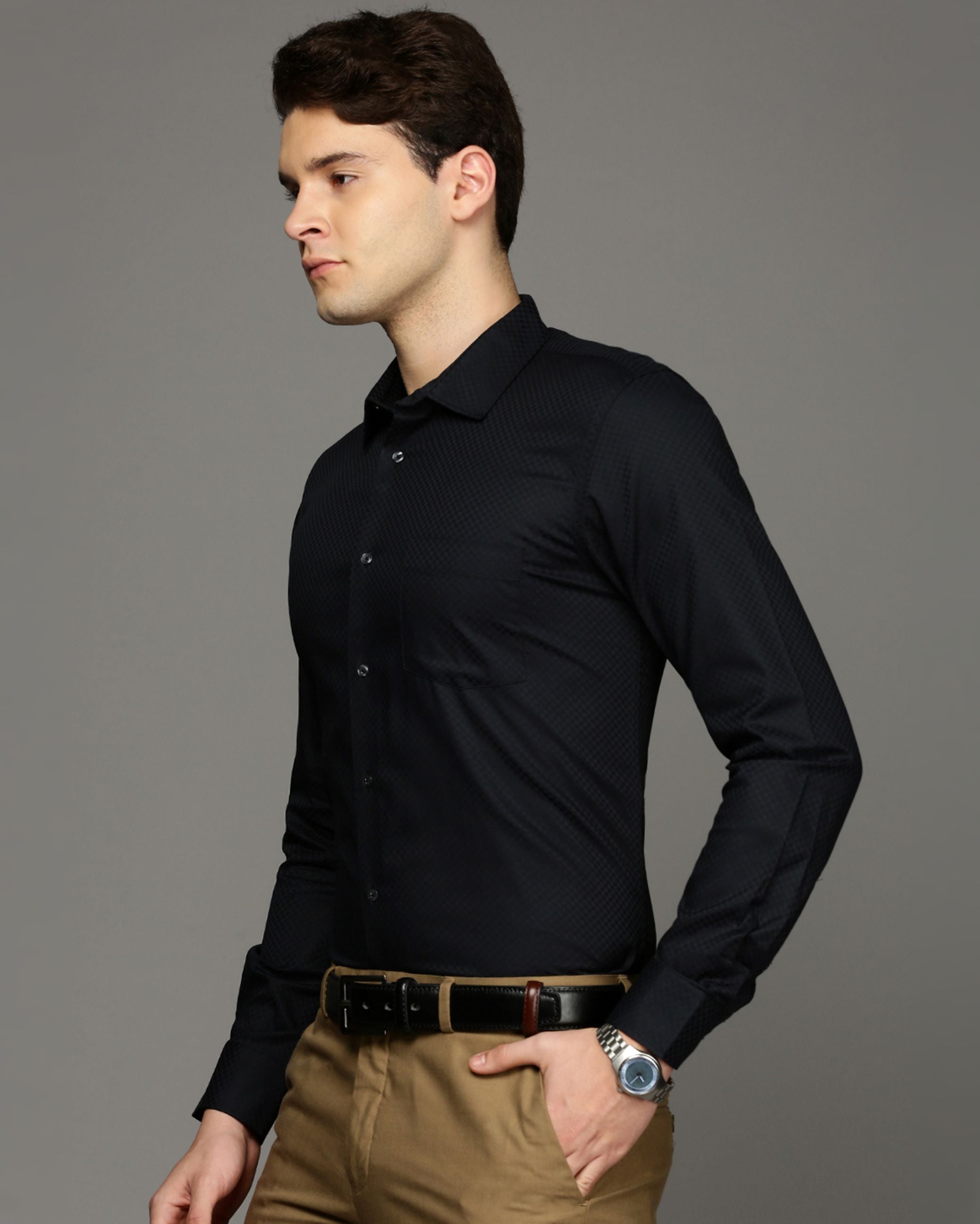 Men Black Cotton Blend Slim Shirt