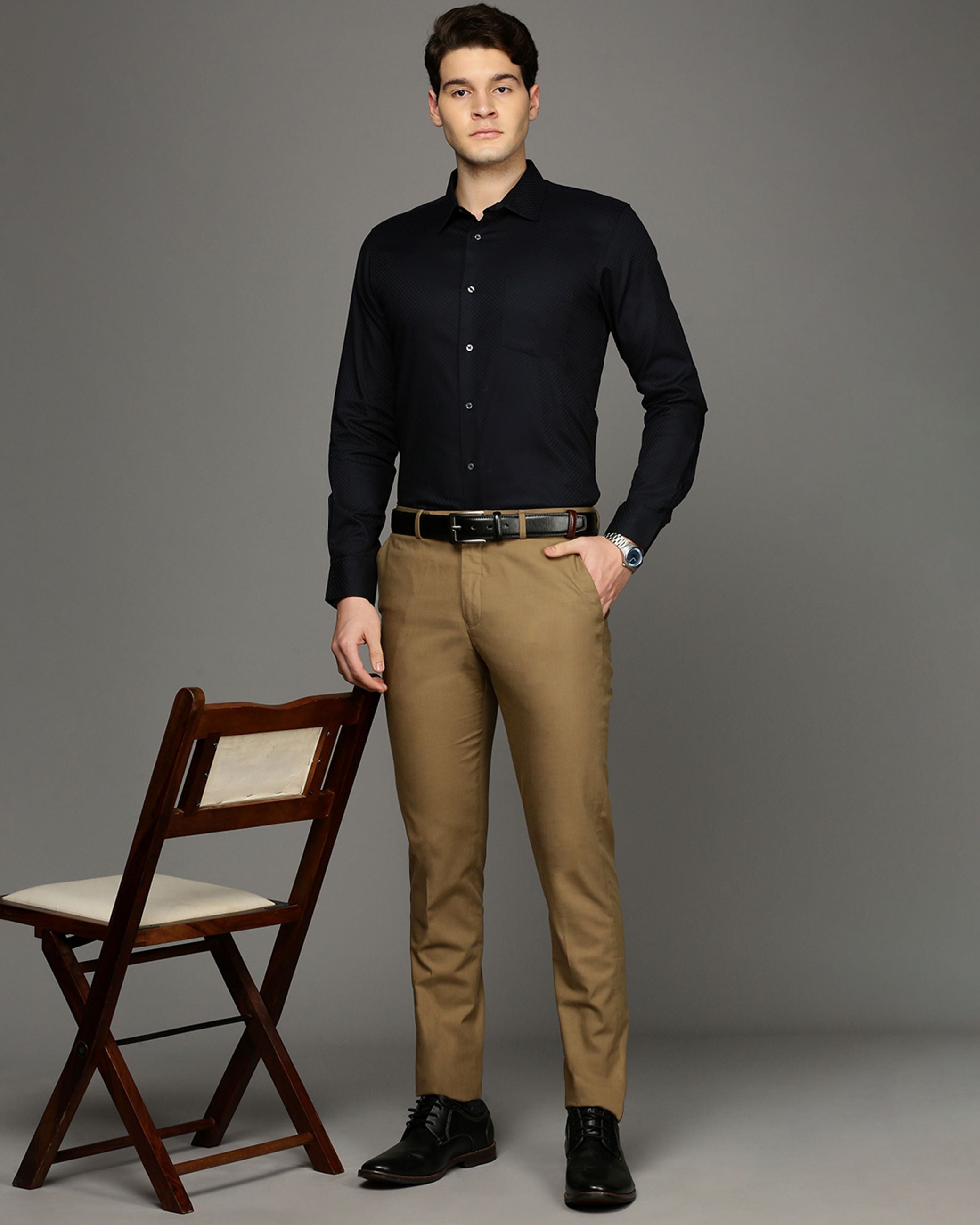Men Black Cotton Blend Slim Shirt