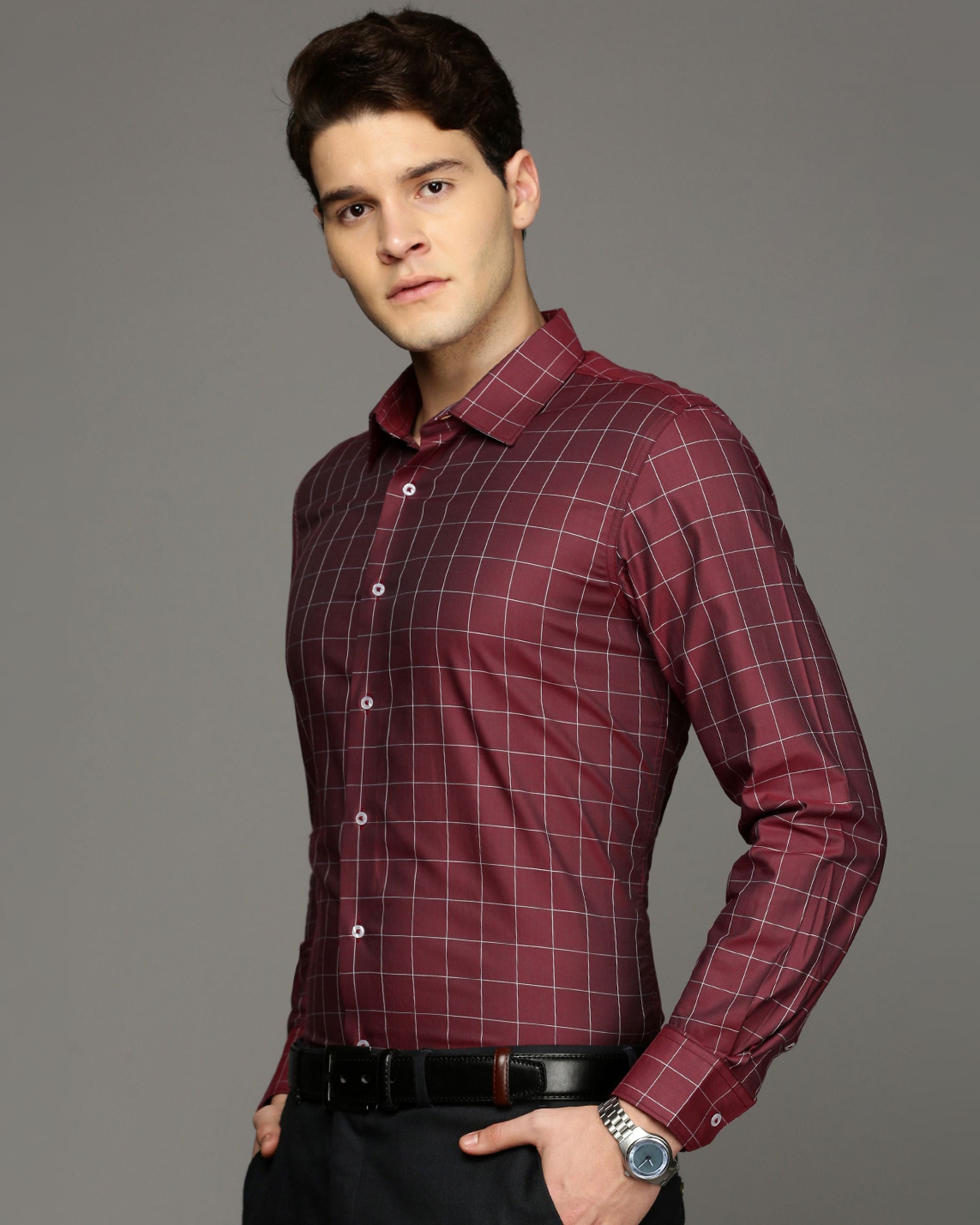 Men Maroon Cotton Blend Slim Shirt
