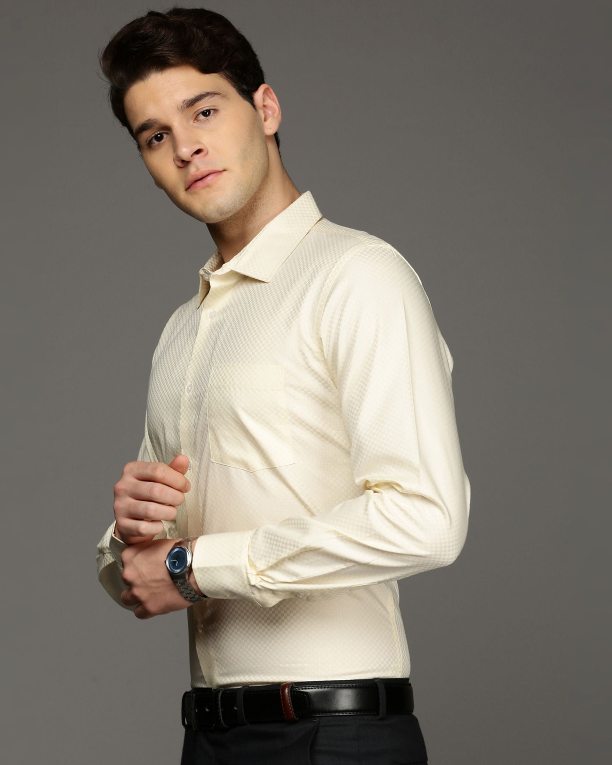 Men Yellow Cotton Blend Slim Shirt