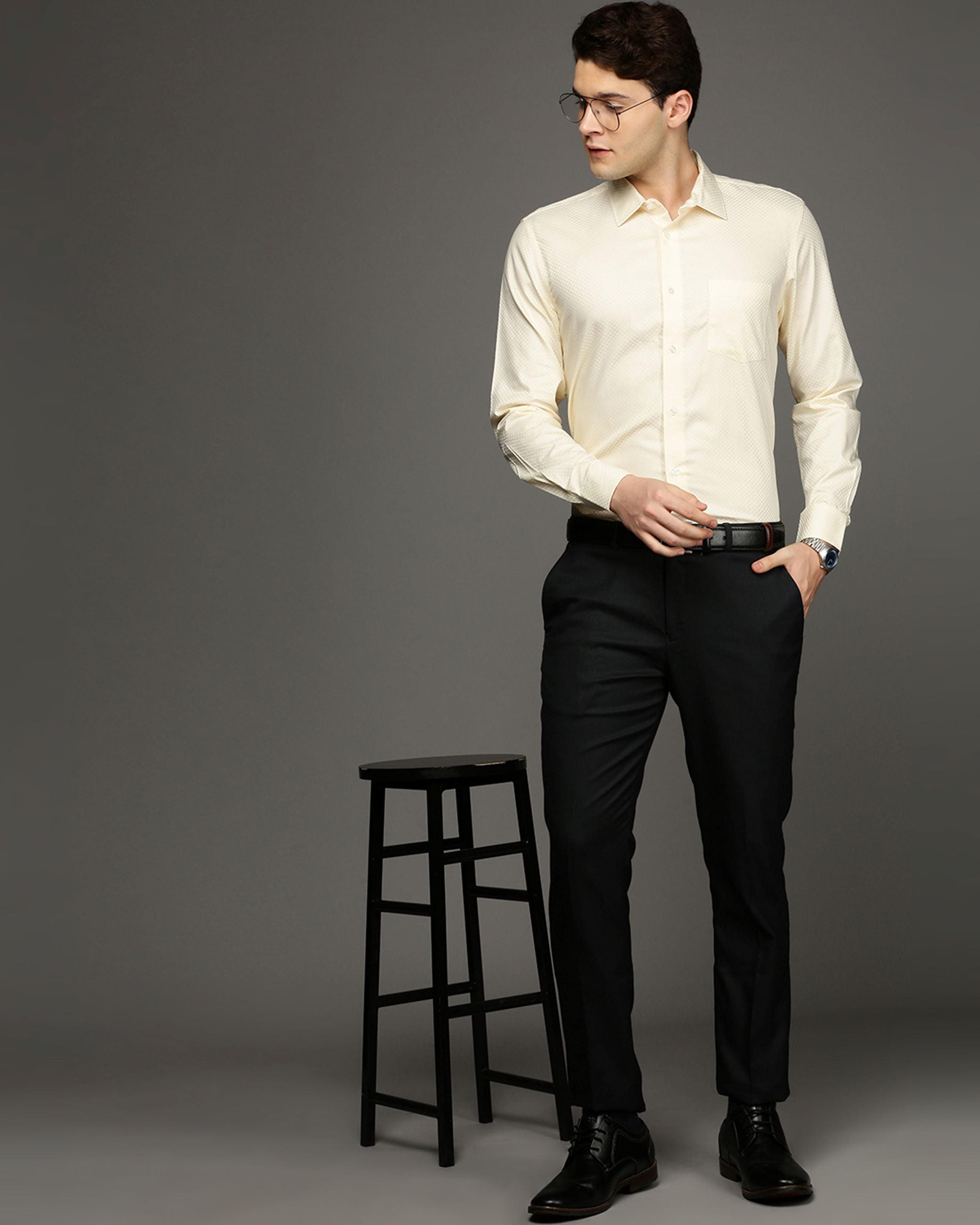 Men Yellow Cotton Blend Slim Shirt