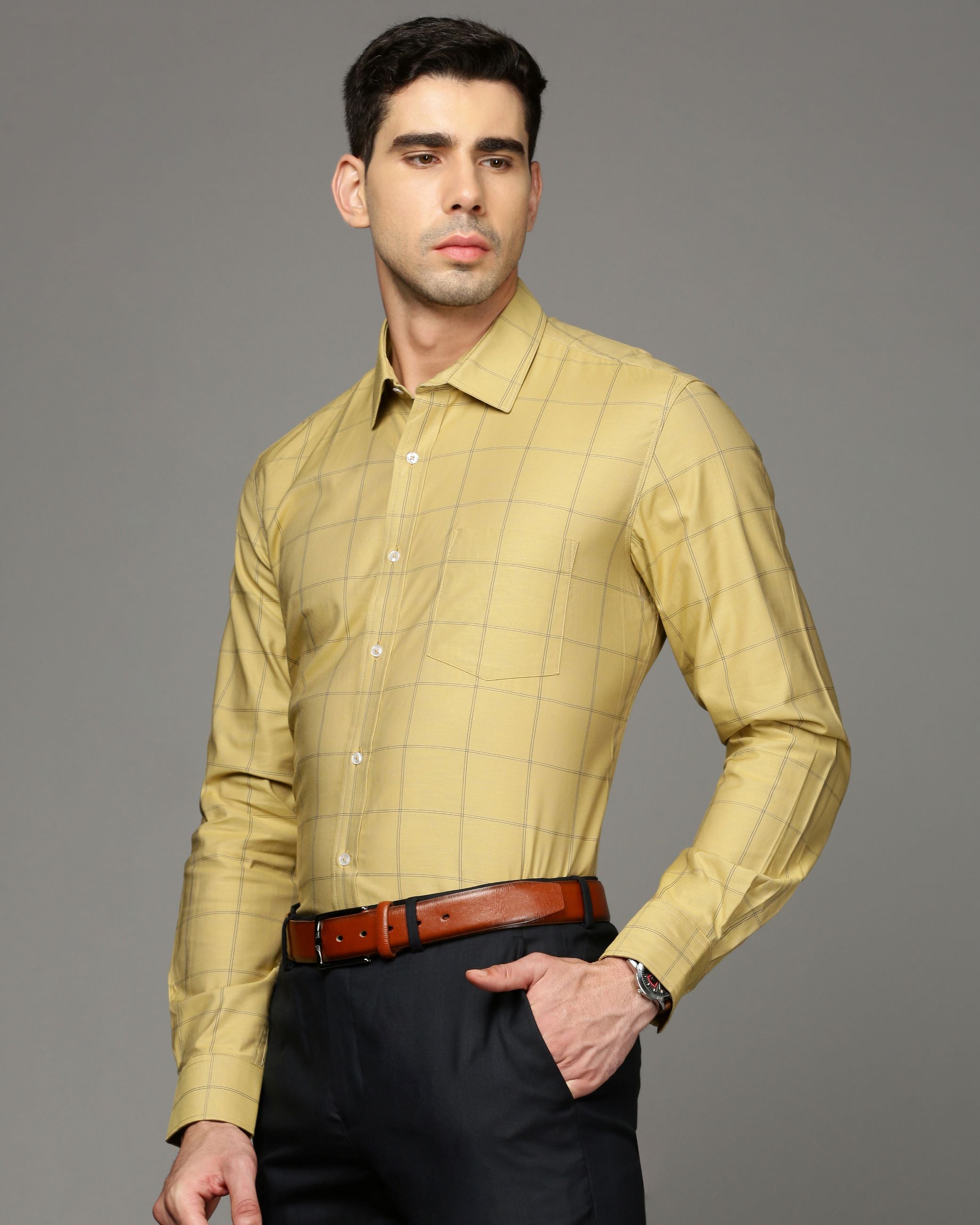 Men Yellow Cotton Blend Slim Shirt