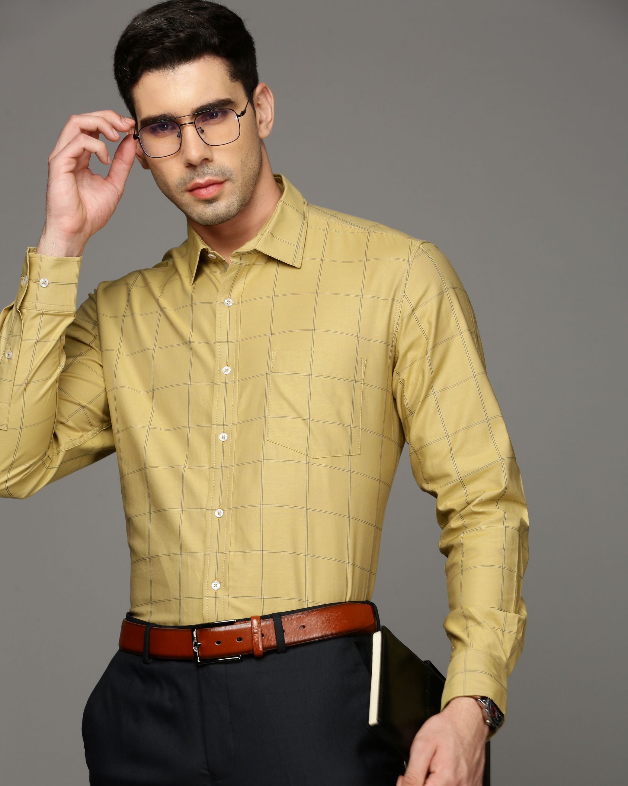 Men Yellow Cotton Blend Slim Shirt