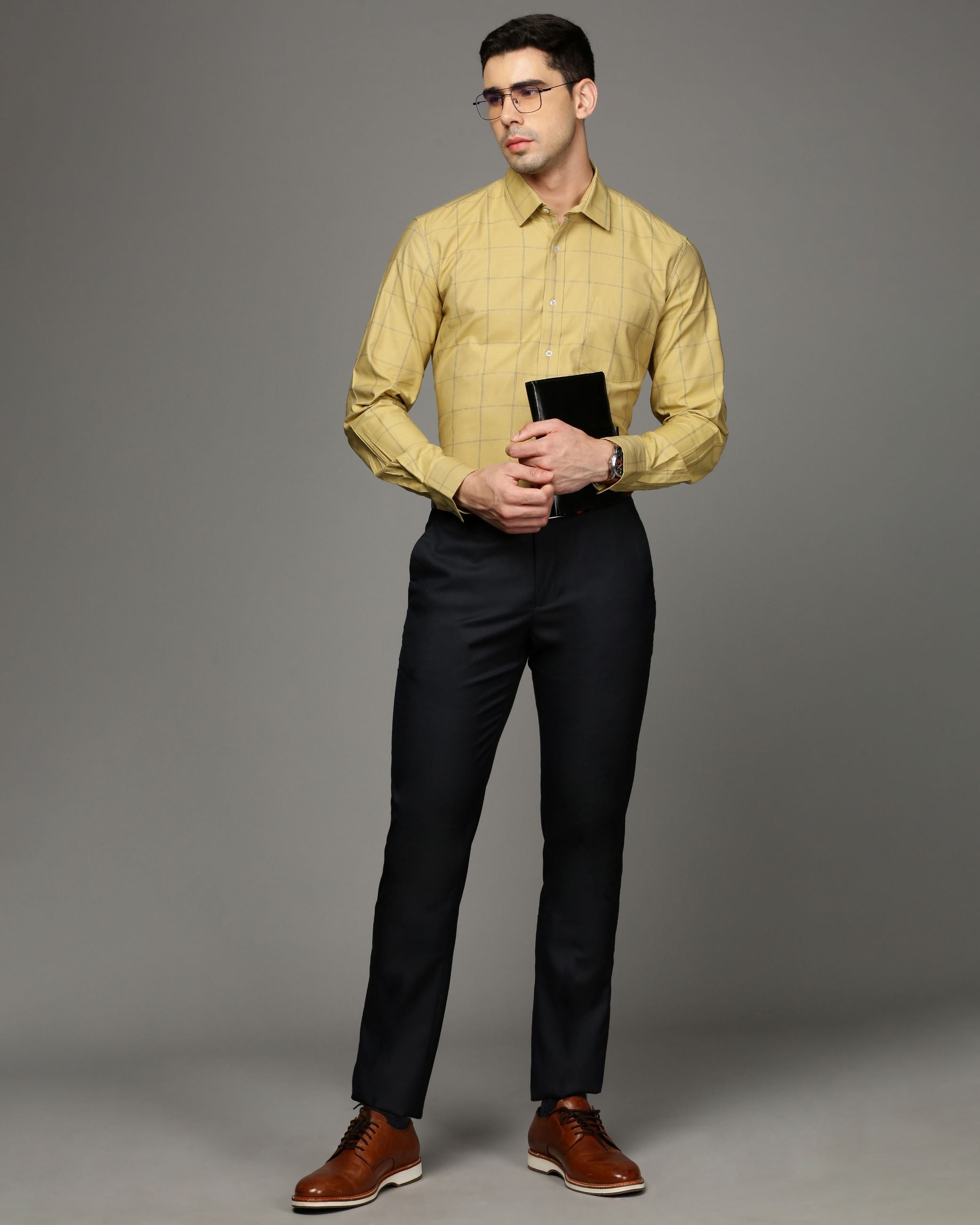 Men Yellow Cotton Blend Slim Shirt