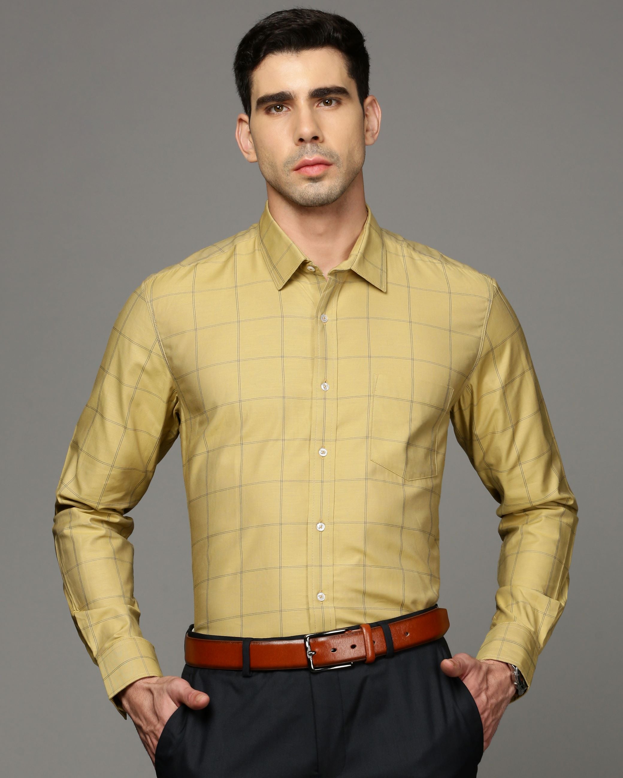 Men Yellow Cotton Blend Slim Shirt
