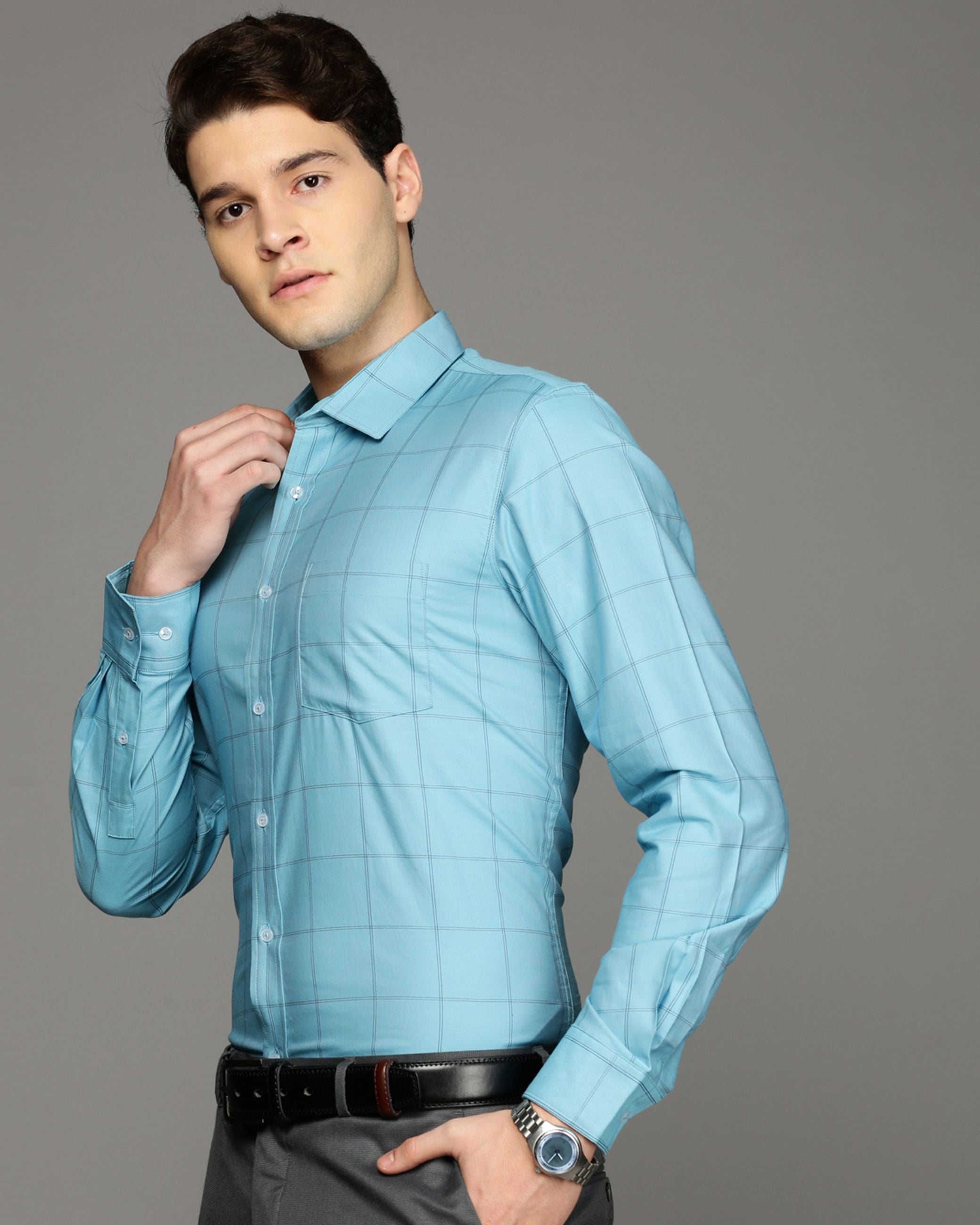 Men Blue Cotton Blend Slim Shirt