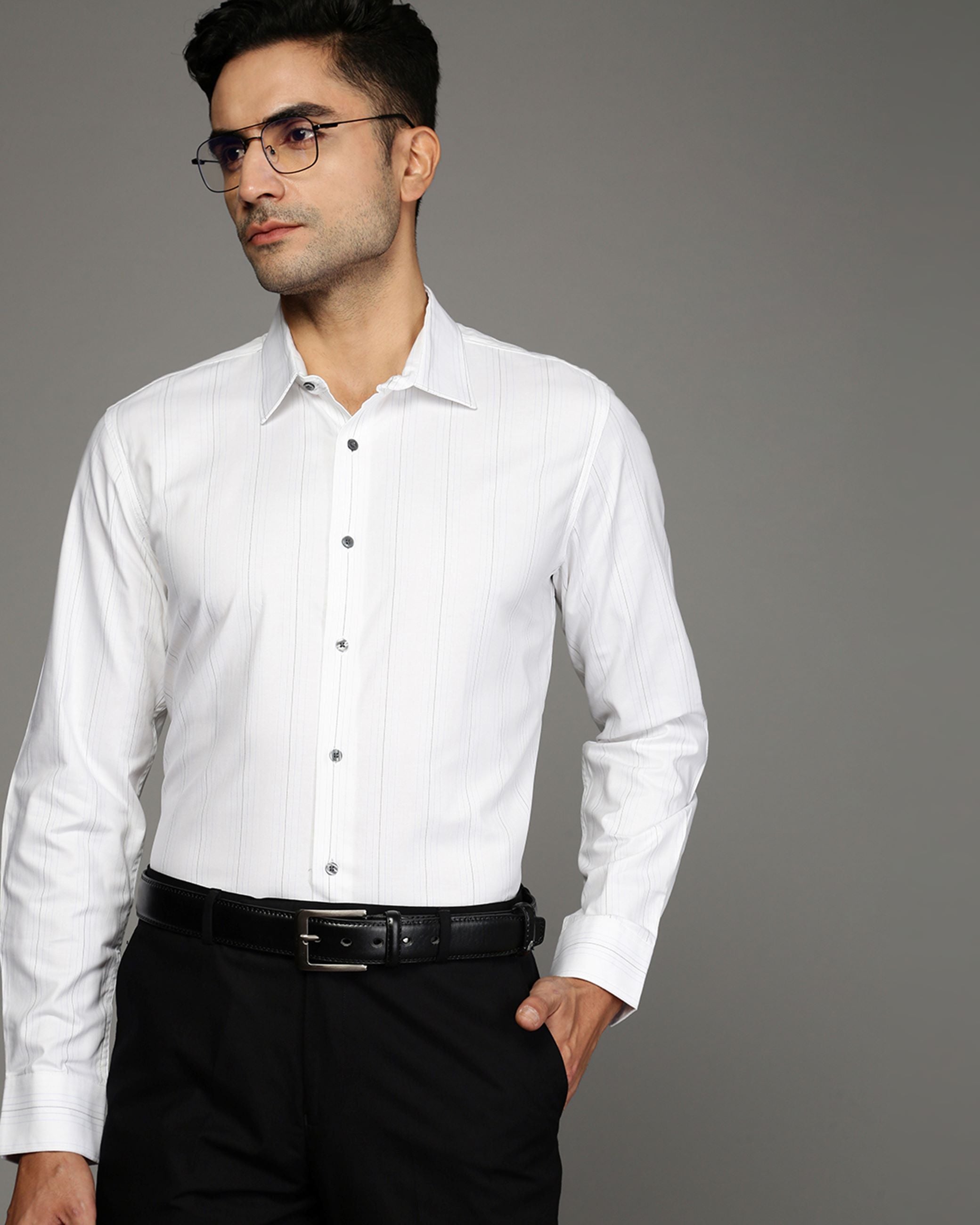 Men White Cotton Blend Slim Shirt