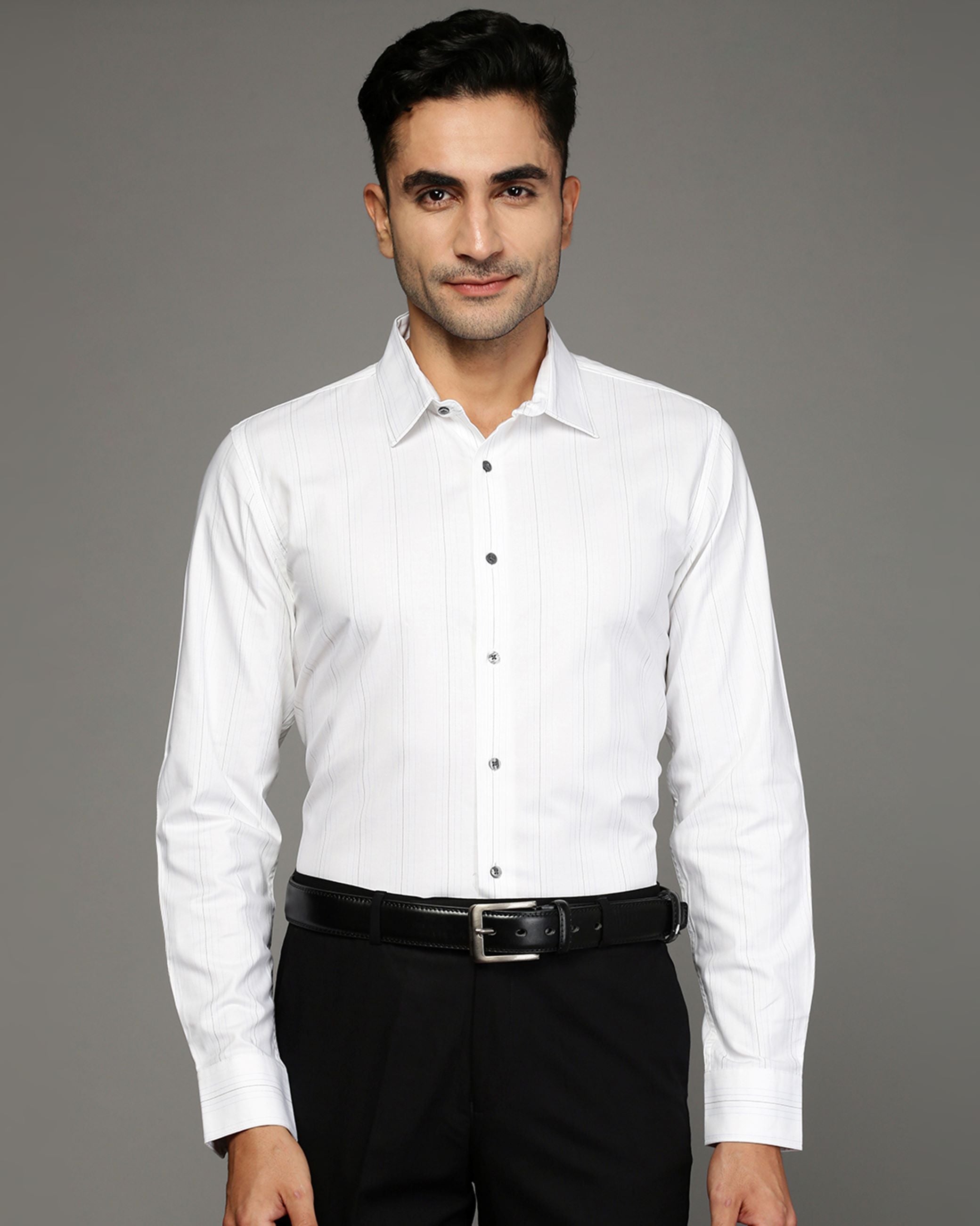 Men White Cotton Blend Slim Shirt