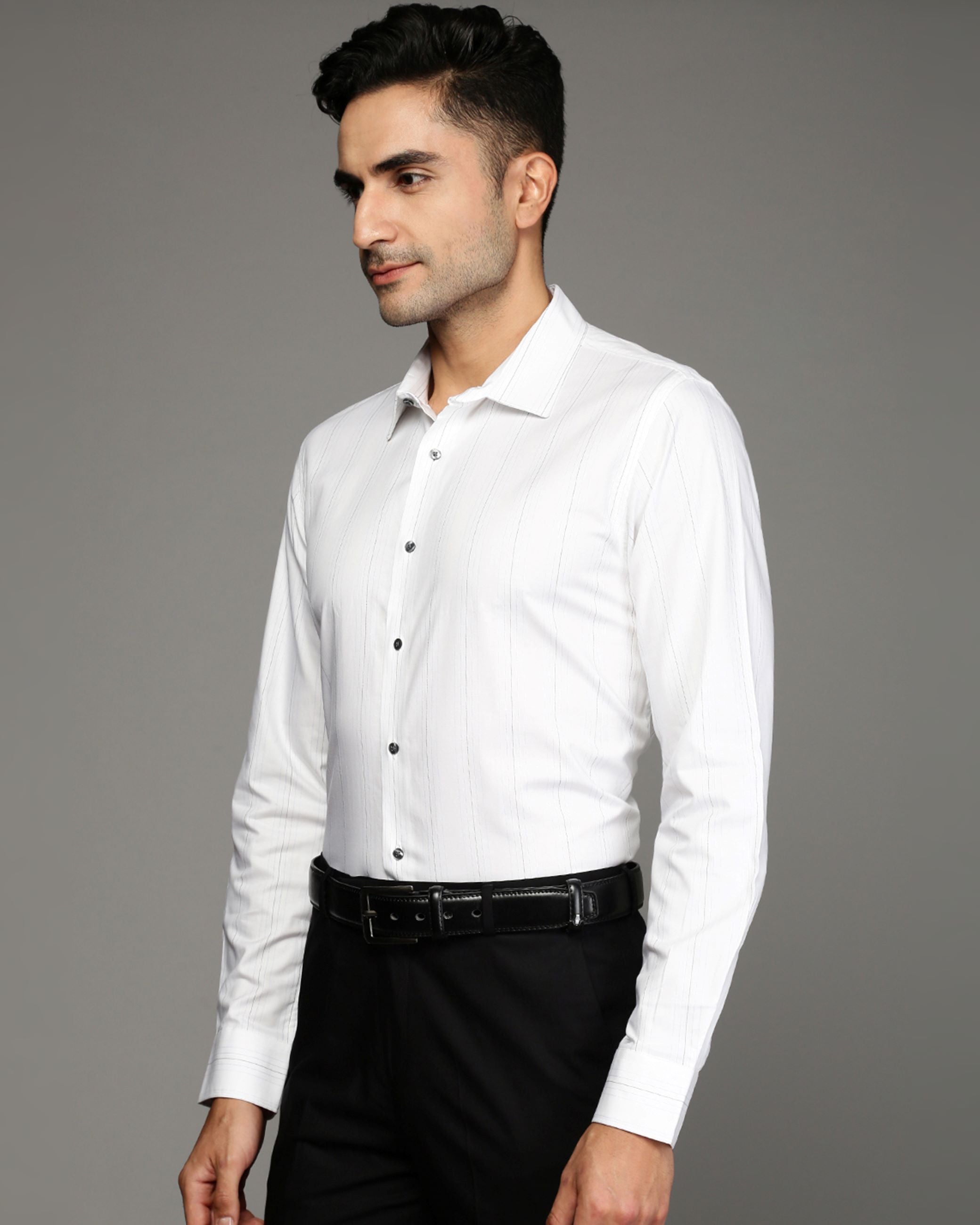 Men White Cotton Blend Slim Shirt