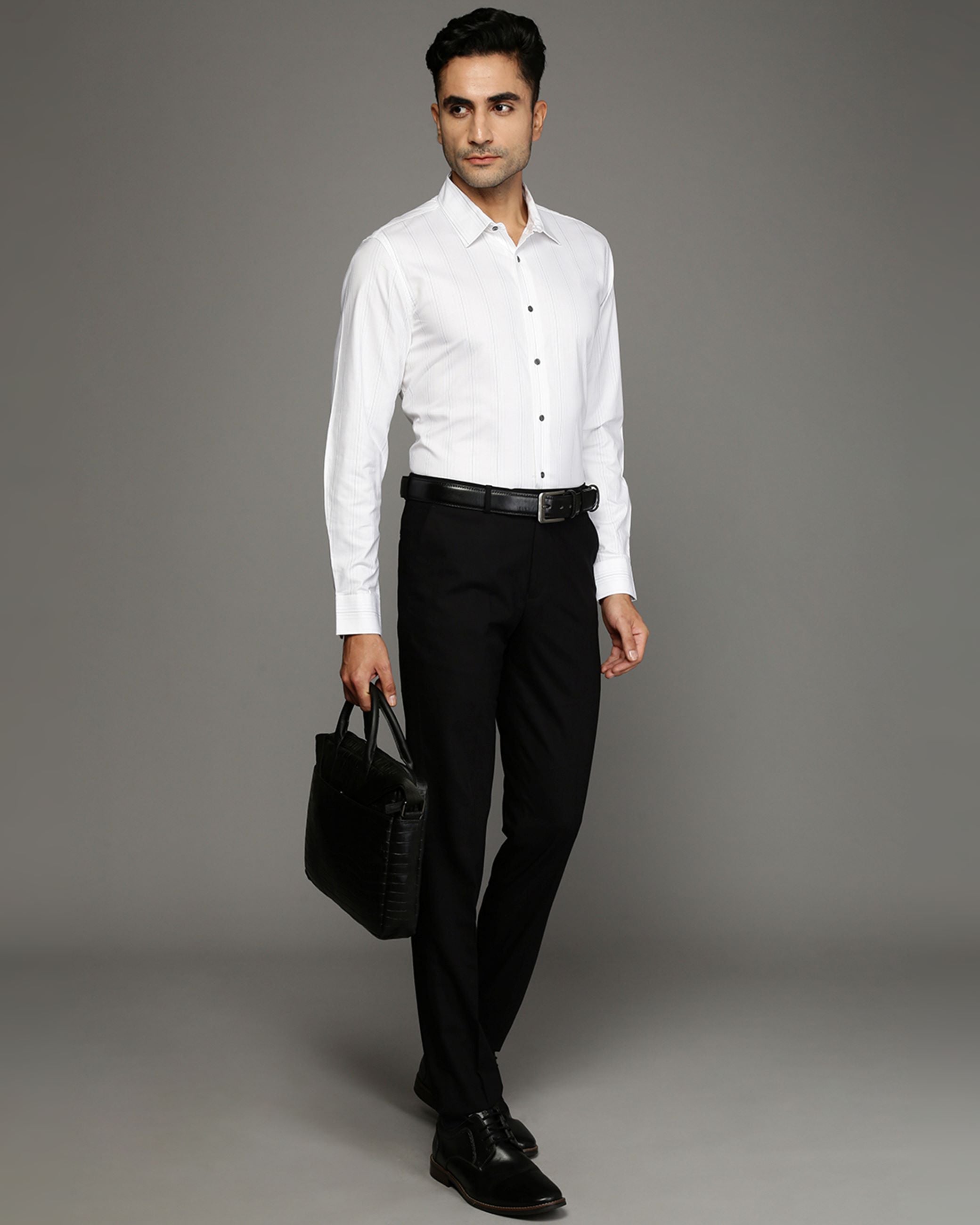 Men White Cotton Blend Slim Shirt