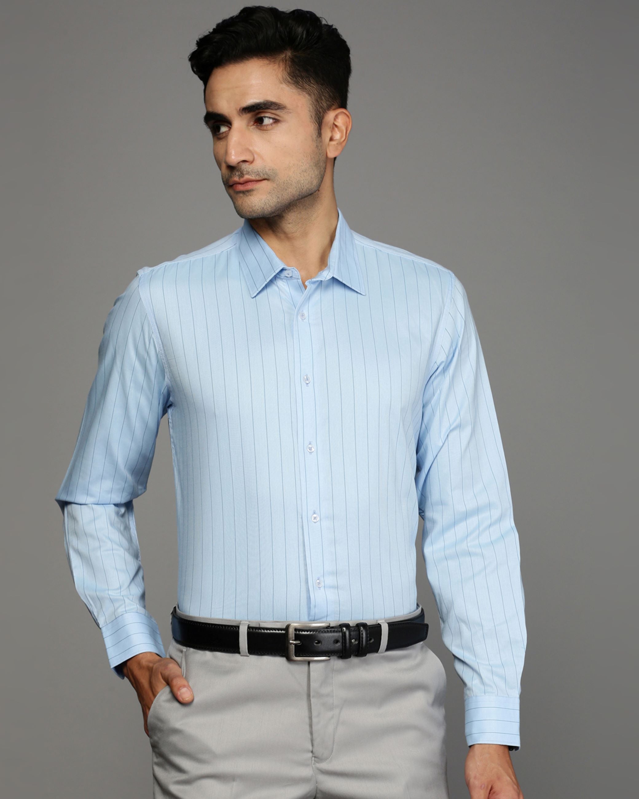 Men Blue Cotton Blend Slim Shirt