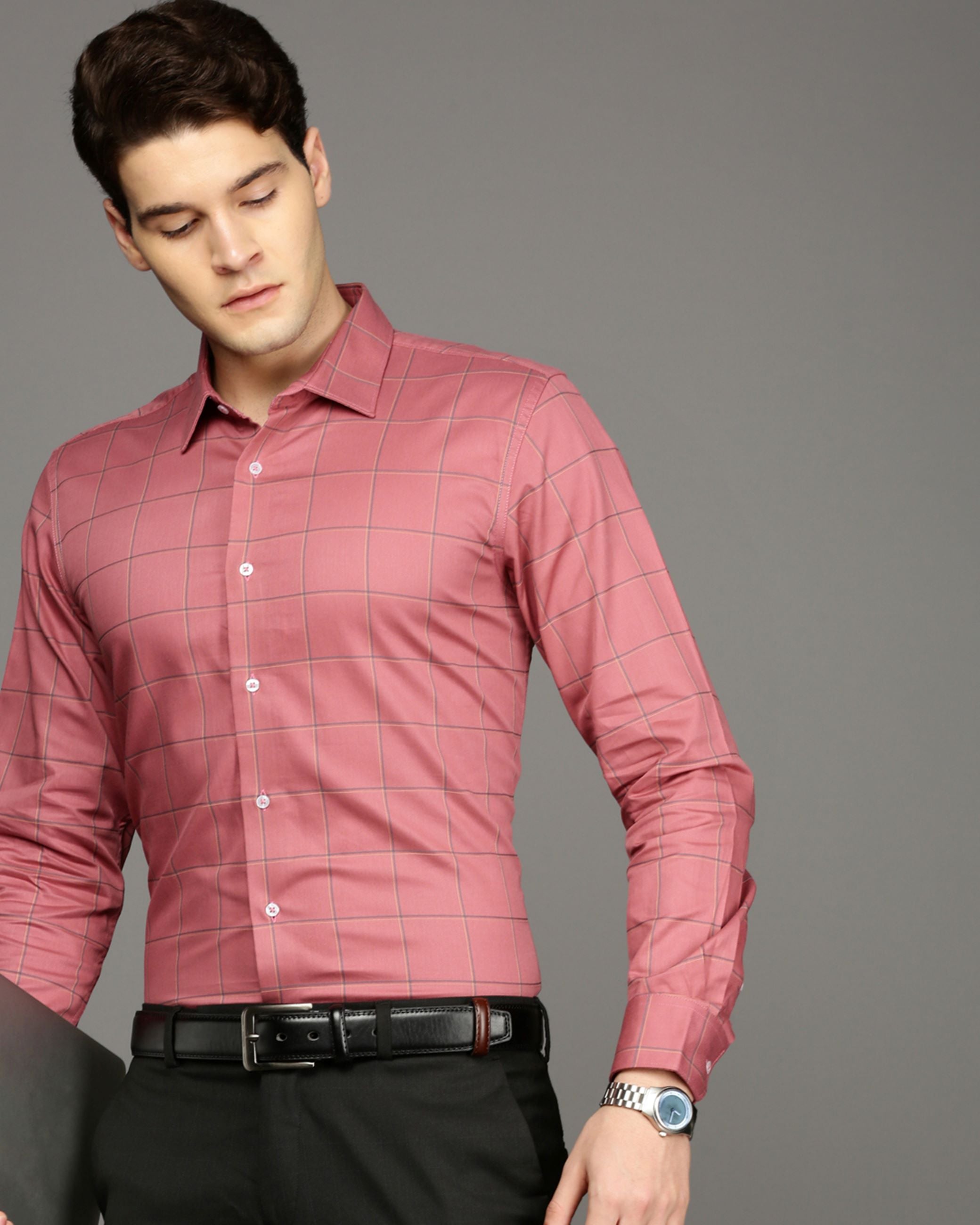 Men Peach Cotton Blend Slim Shirt