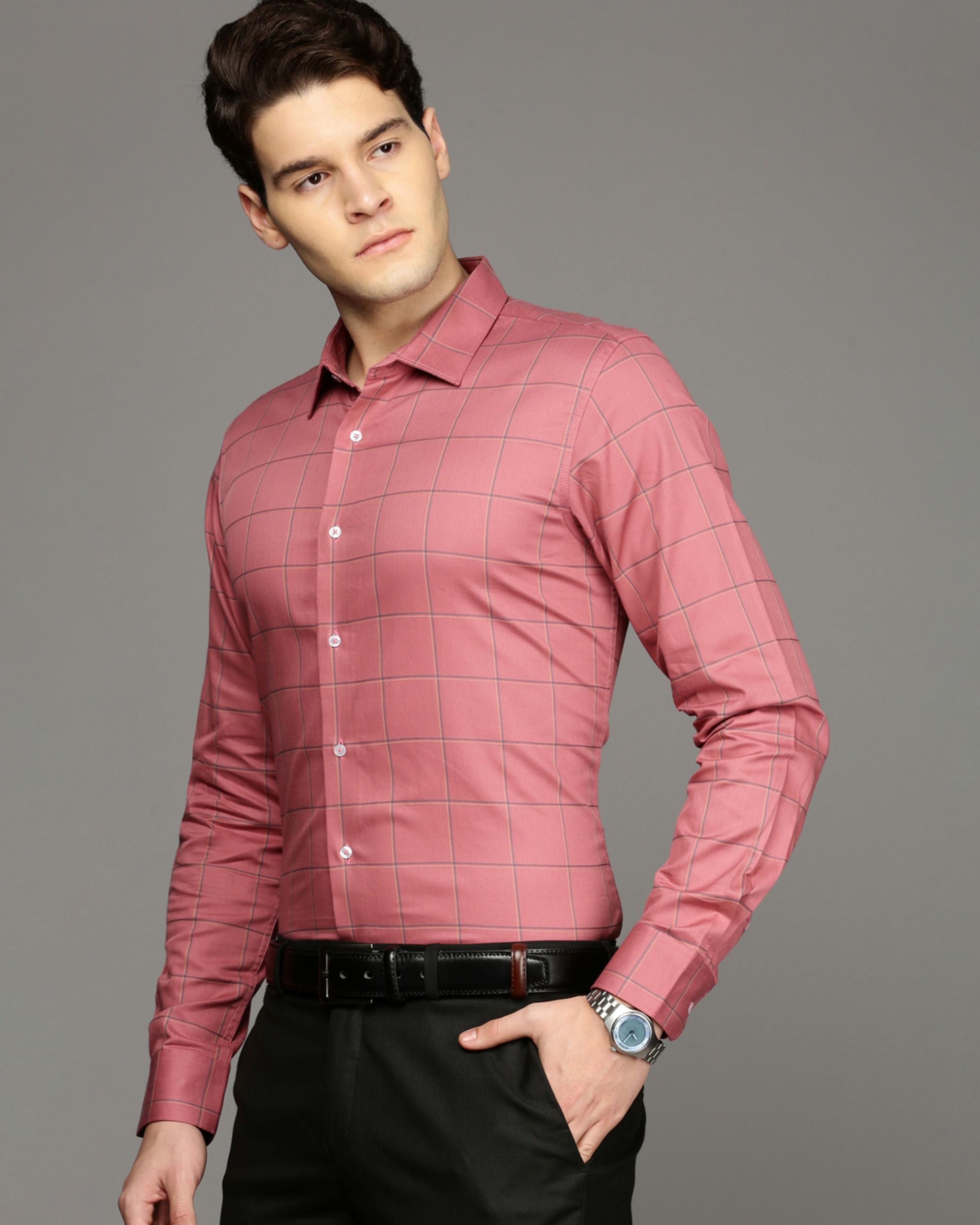 Men Peach Cotton Blend Slim Shirt