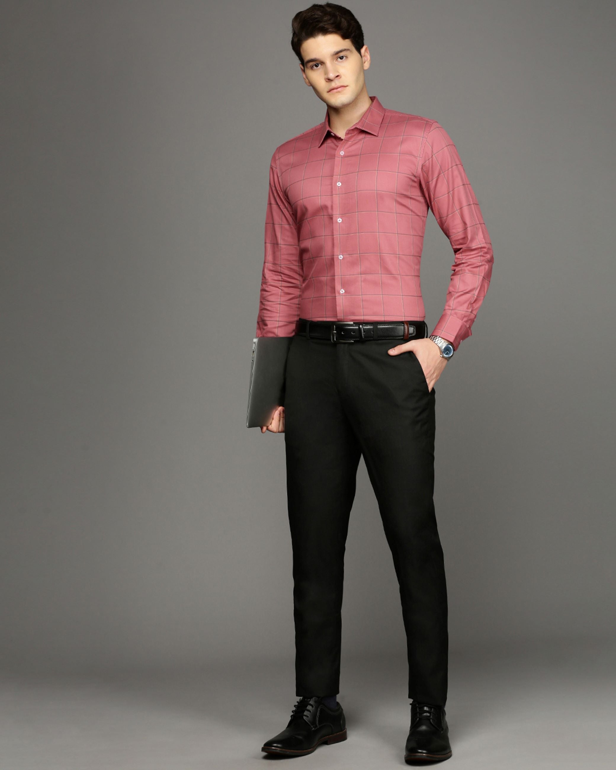 Men Peach Cotton Blend Slim Shirt
