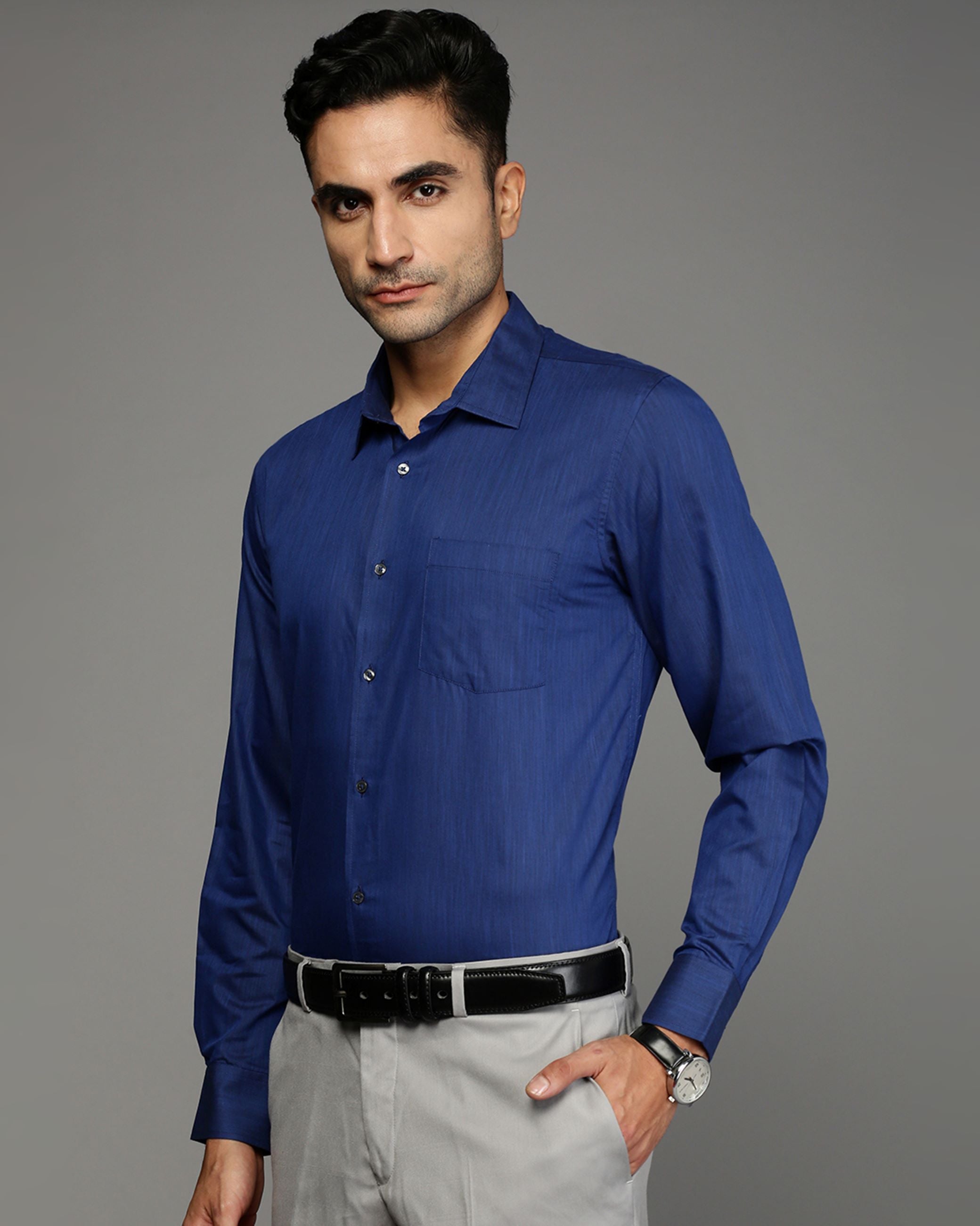 Men Blue Cotton Blend Slim Shirt