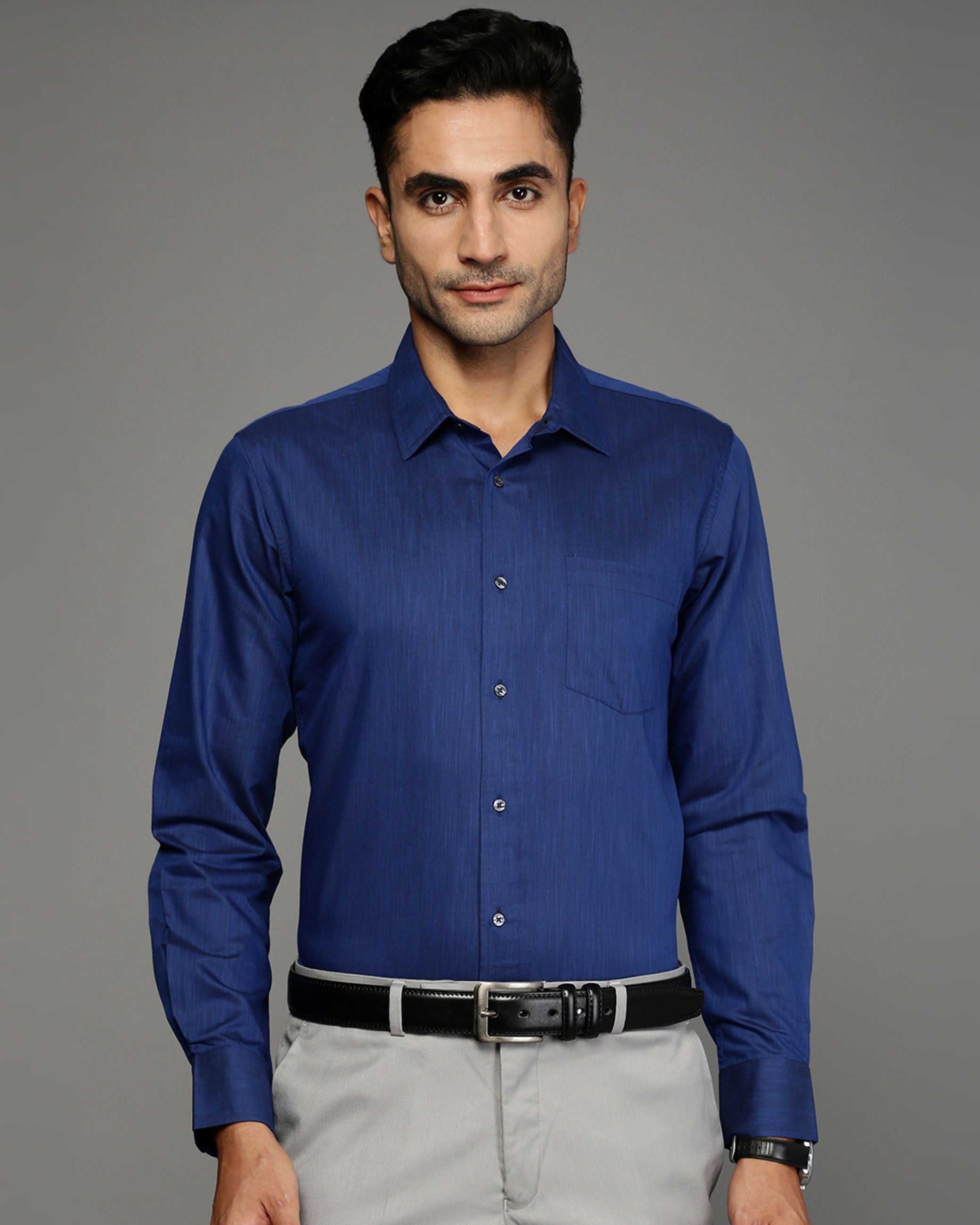 Men Blue Cotton Blend Slim Shirt