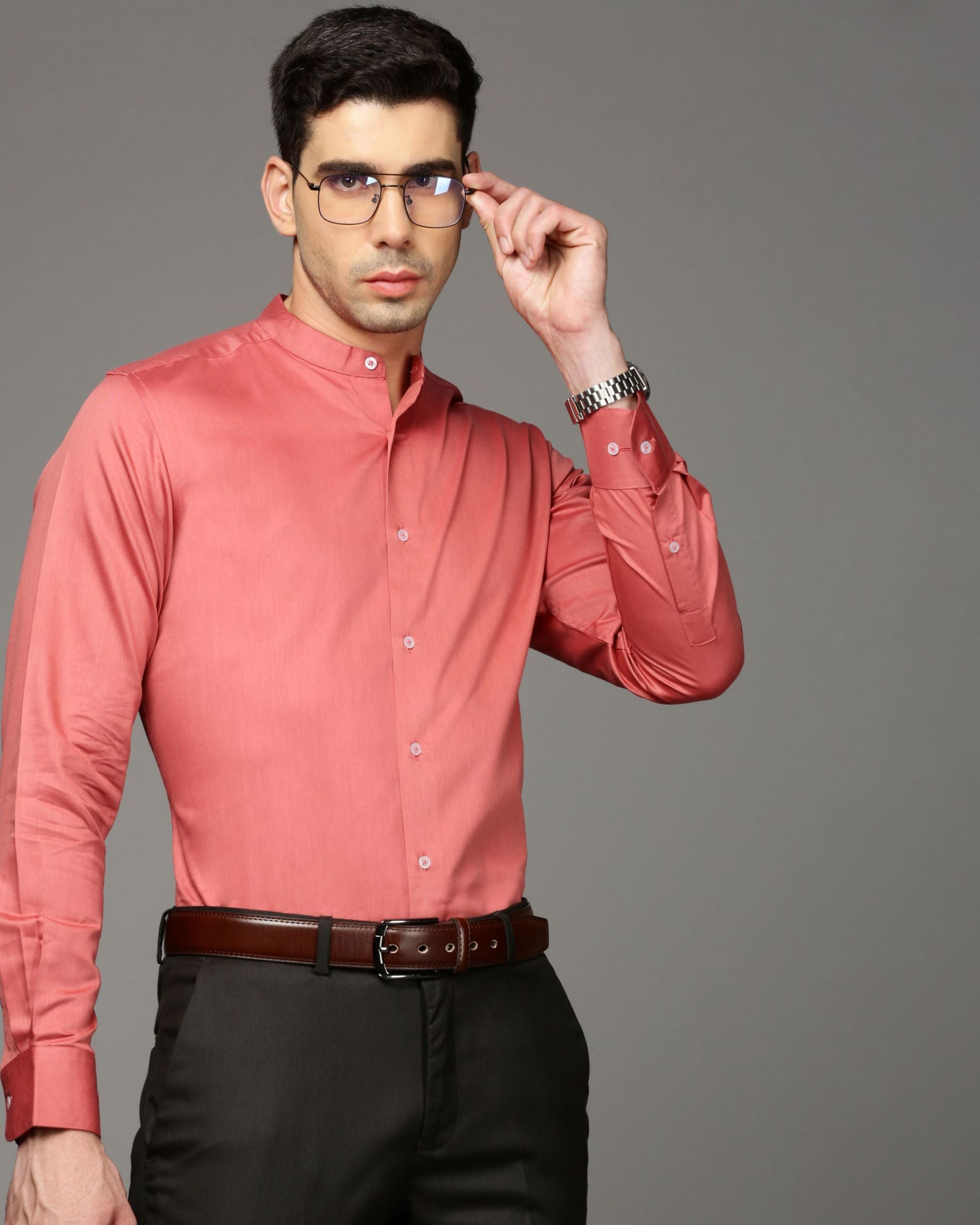 Men Red Cotton Blend Slim Shirt