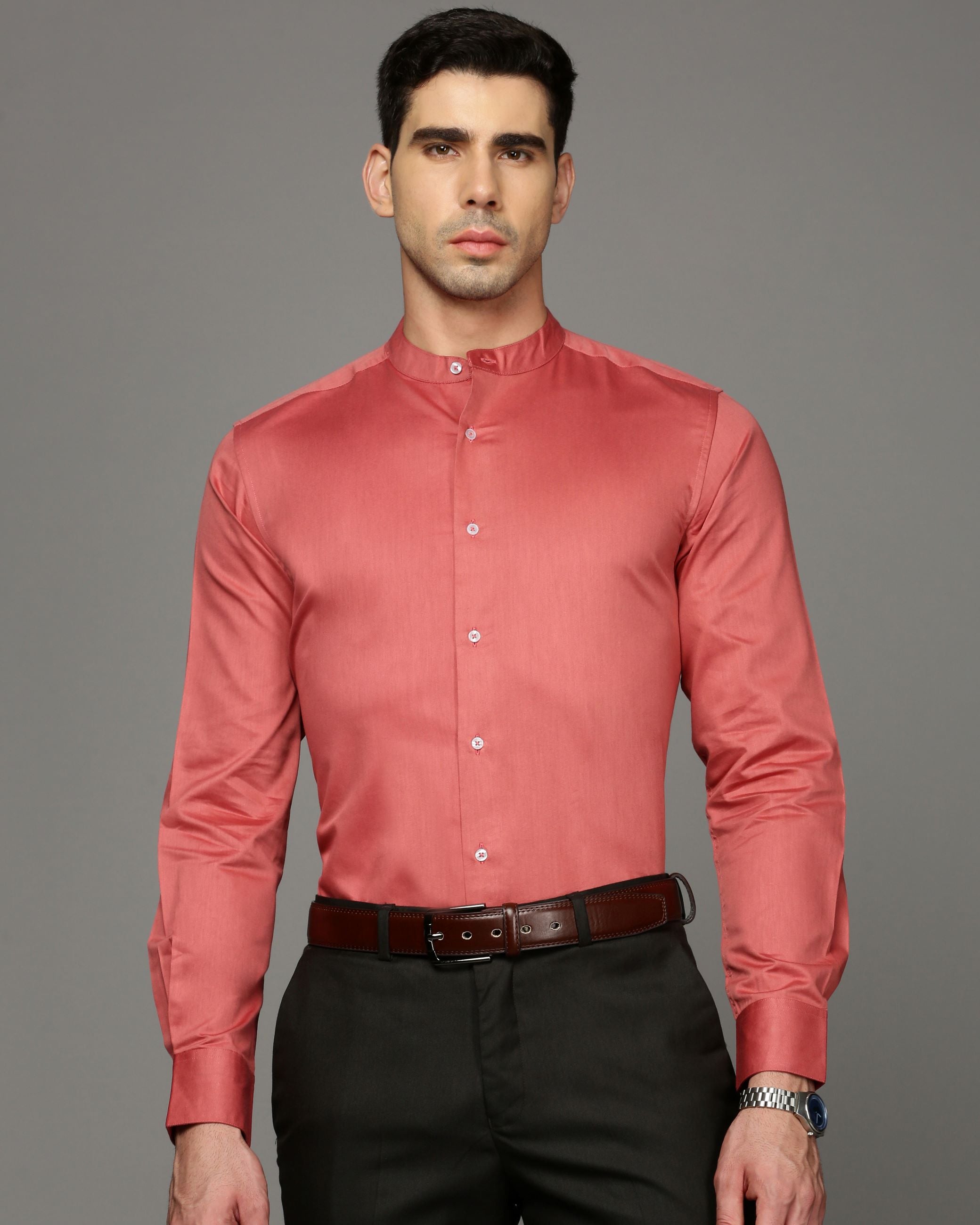 Men Red Cotton Blend Slim Shirt