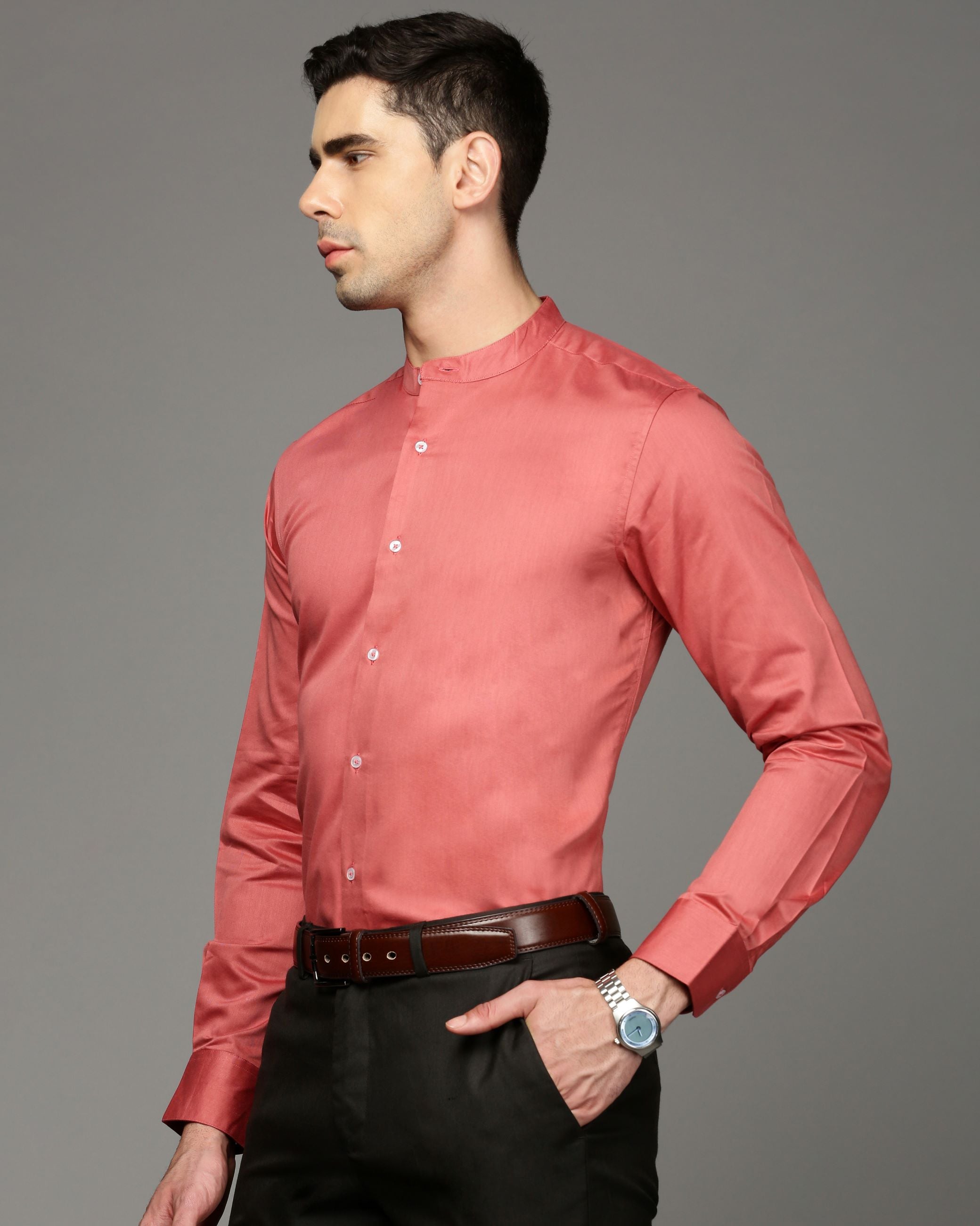 Men Red Cotton Blend Slim Shirt