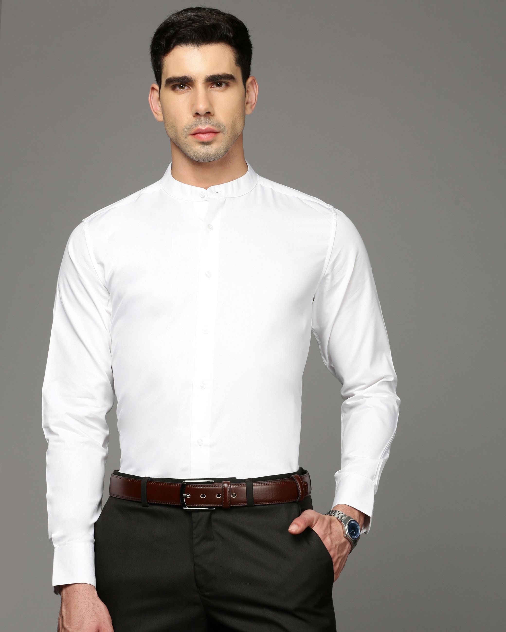 Men White Cotton Blend Slim Shirt