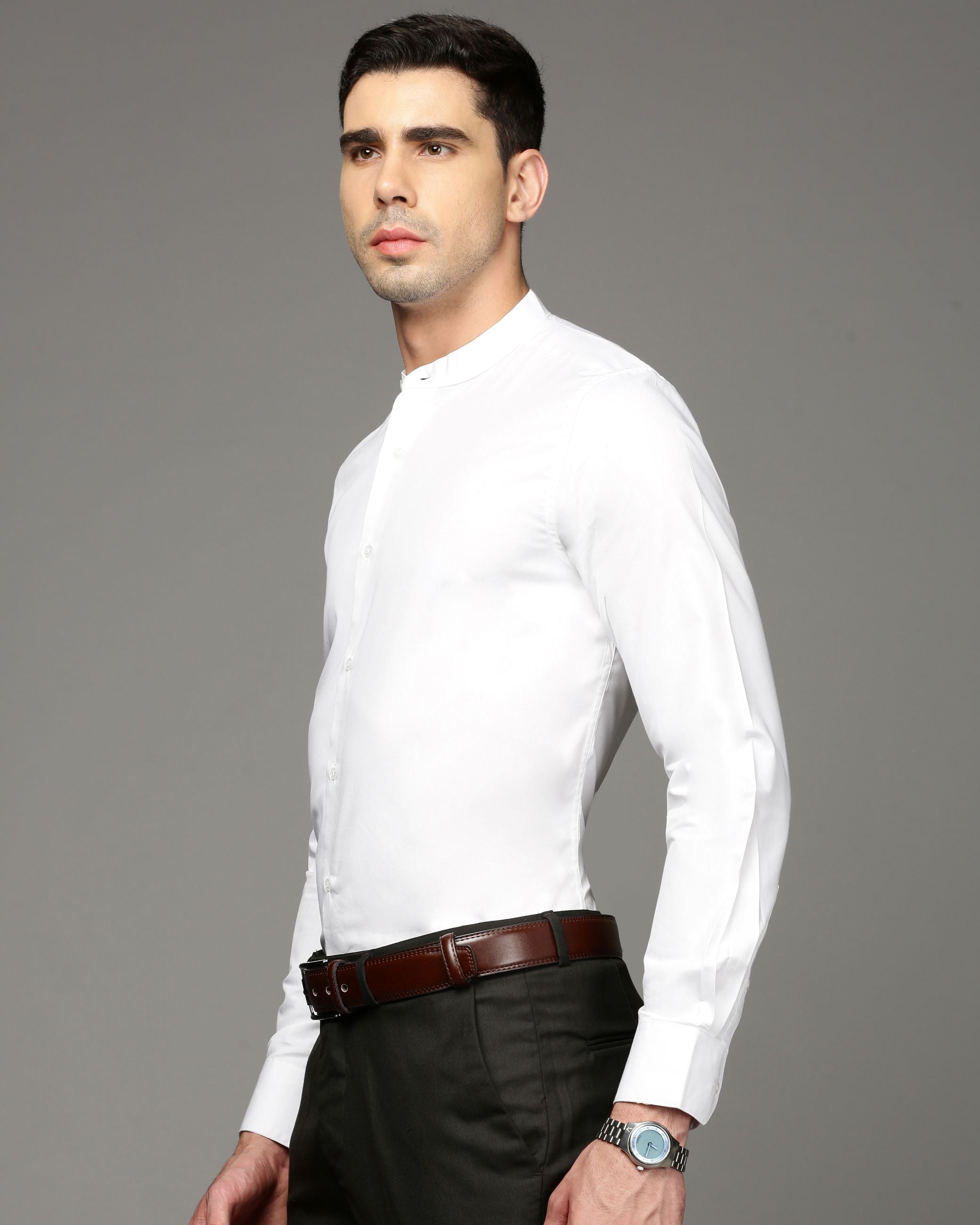 Men White Cotton Blend Slim Shirt