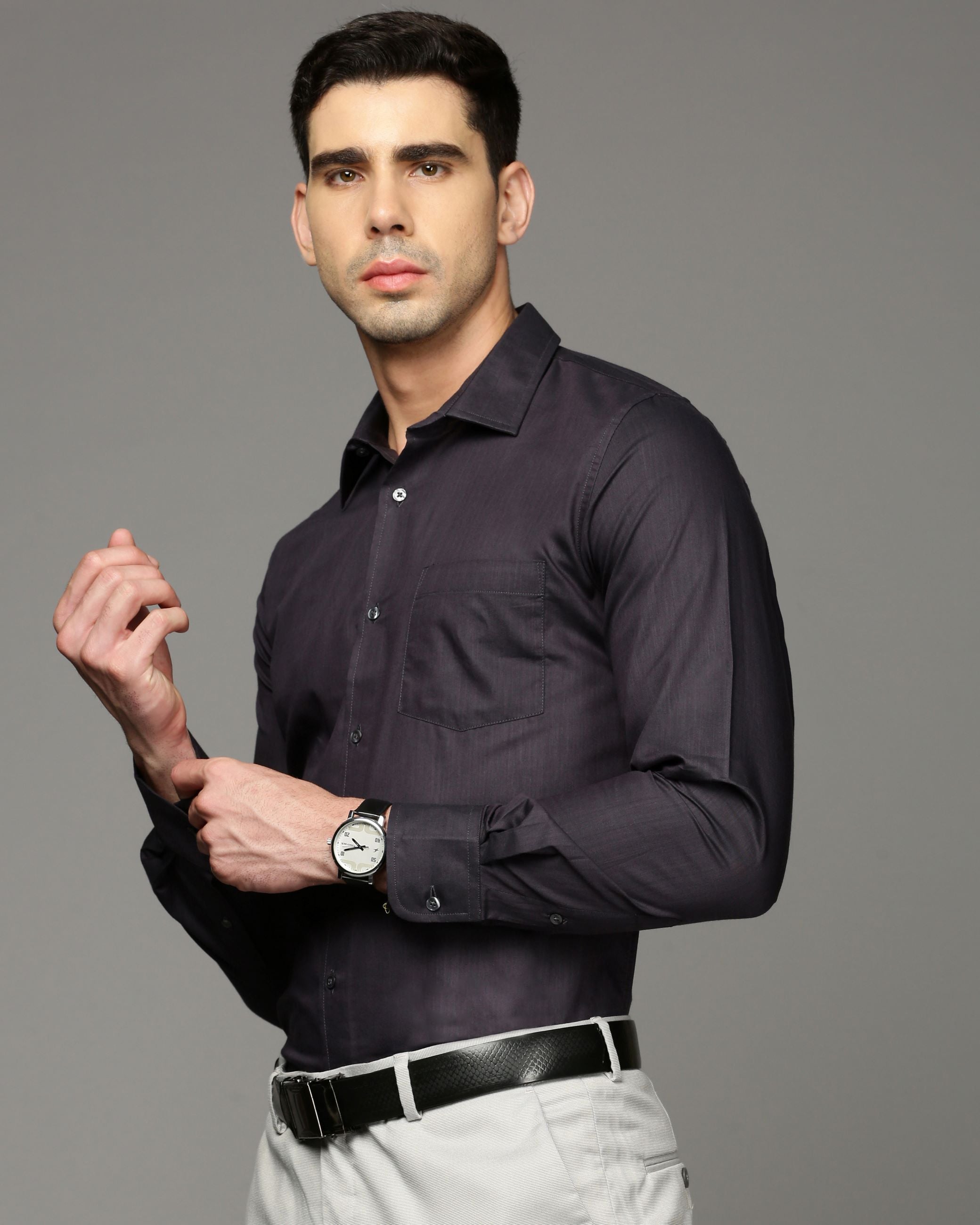 Men Black Cotton Blend Slim Shirt