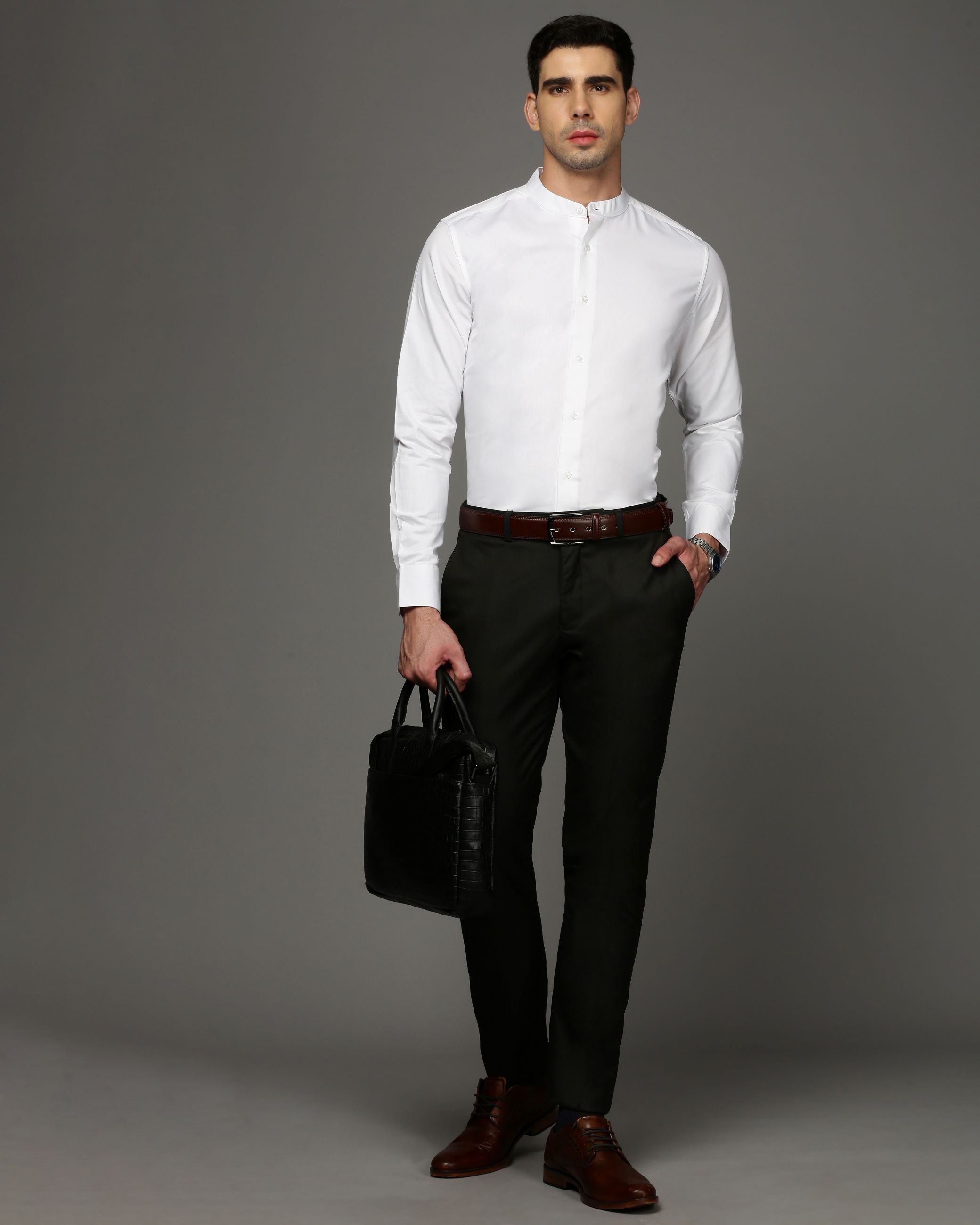Men White Cotton Blend Slim Shirt
