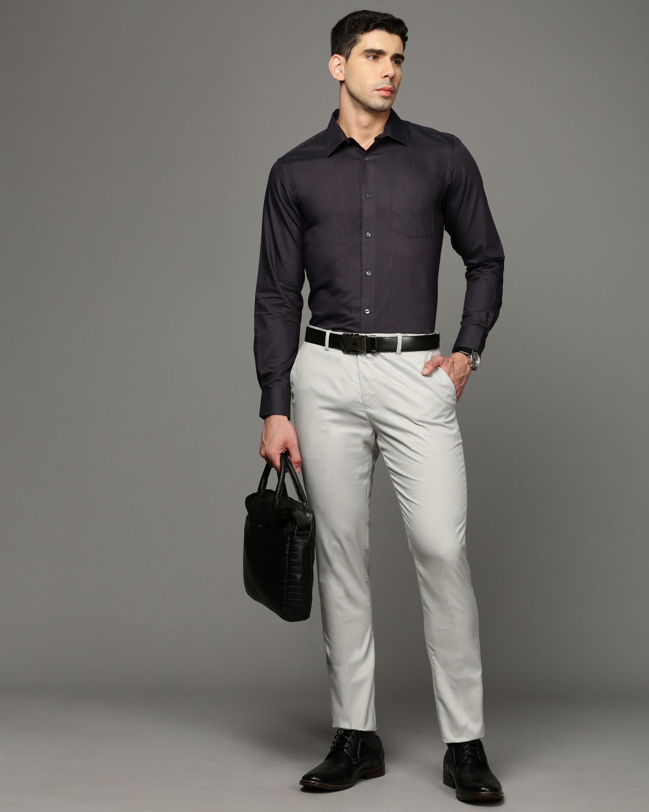 Men Black Cotton Blend Slim Shirt