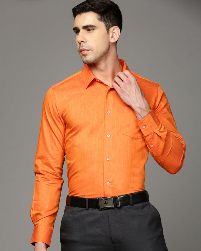 Men Orange Cotton Blend Slim Shirt
