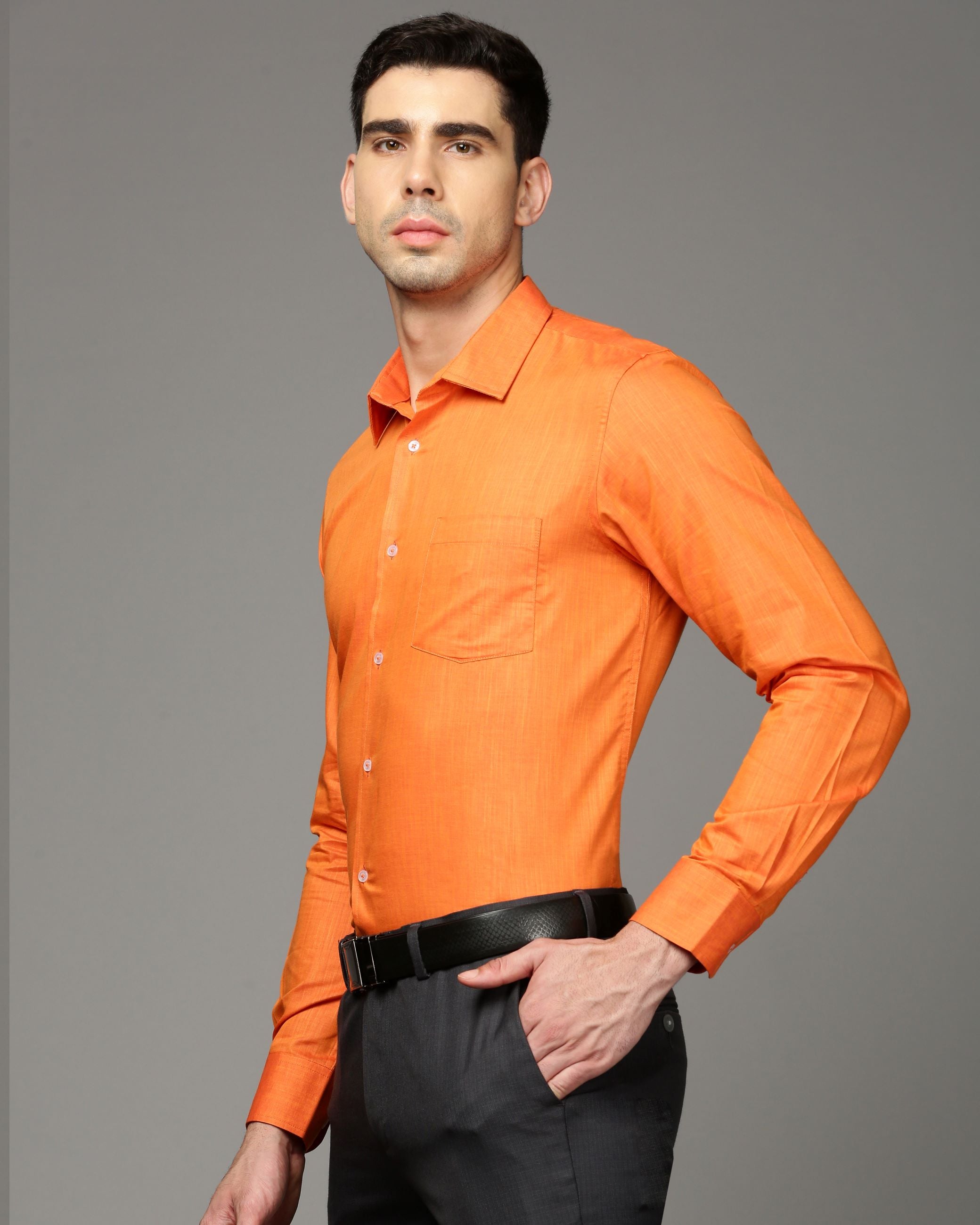 Men Orange Cotton Blend Slim Shirt