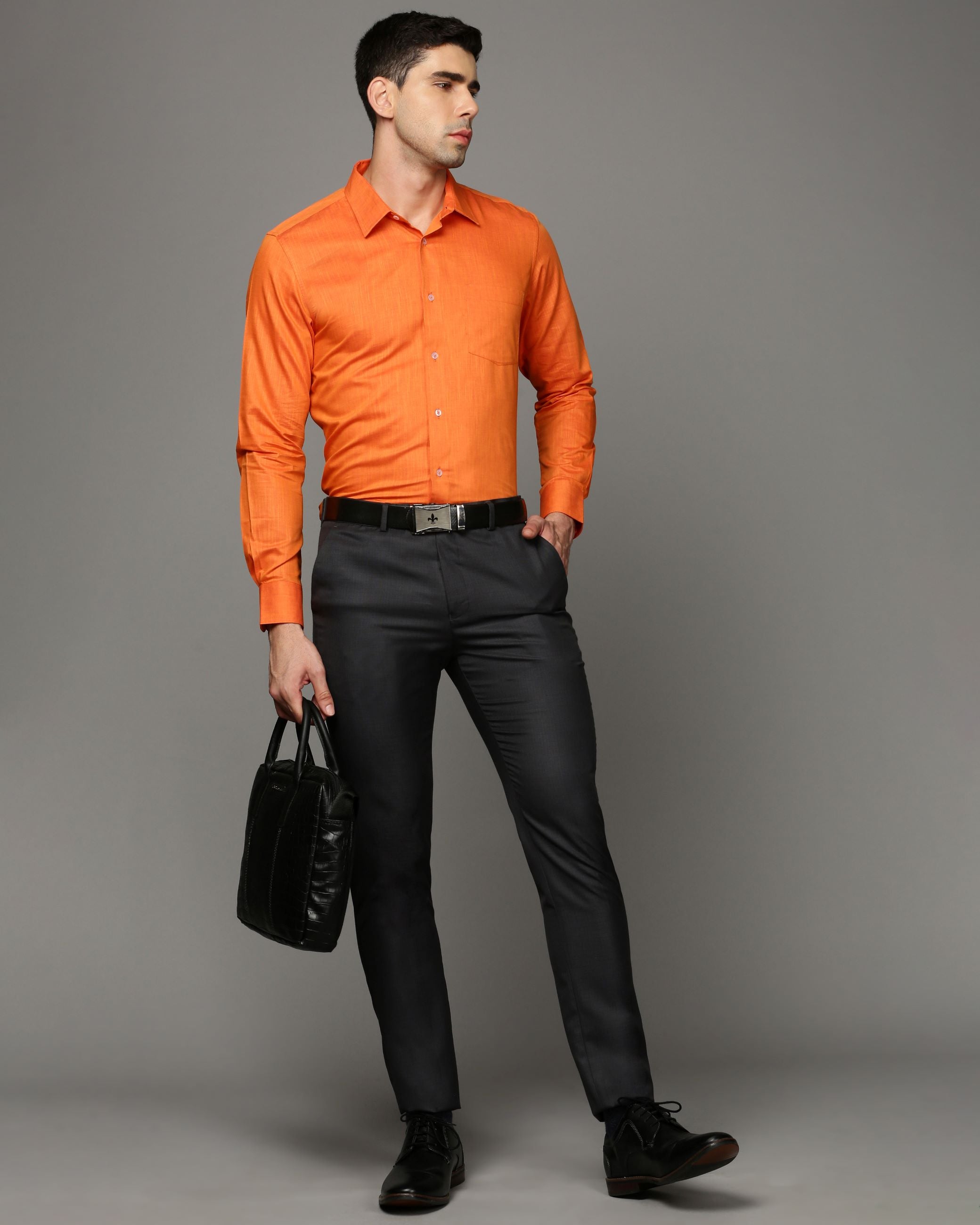 Men Orange Cotton Blend Slim Shirt
