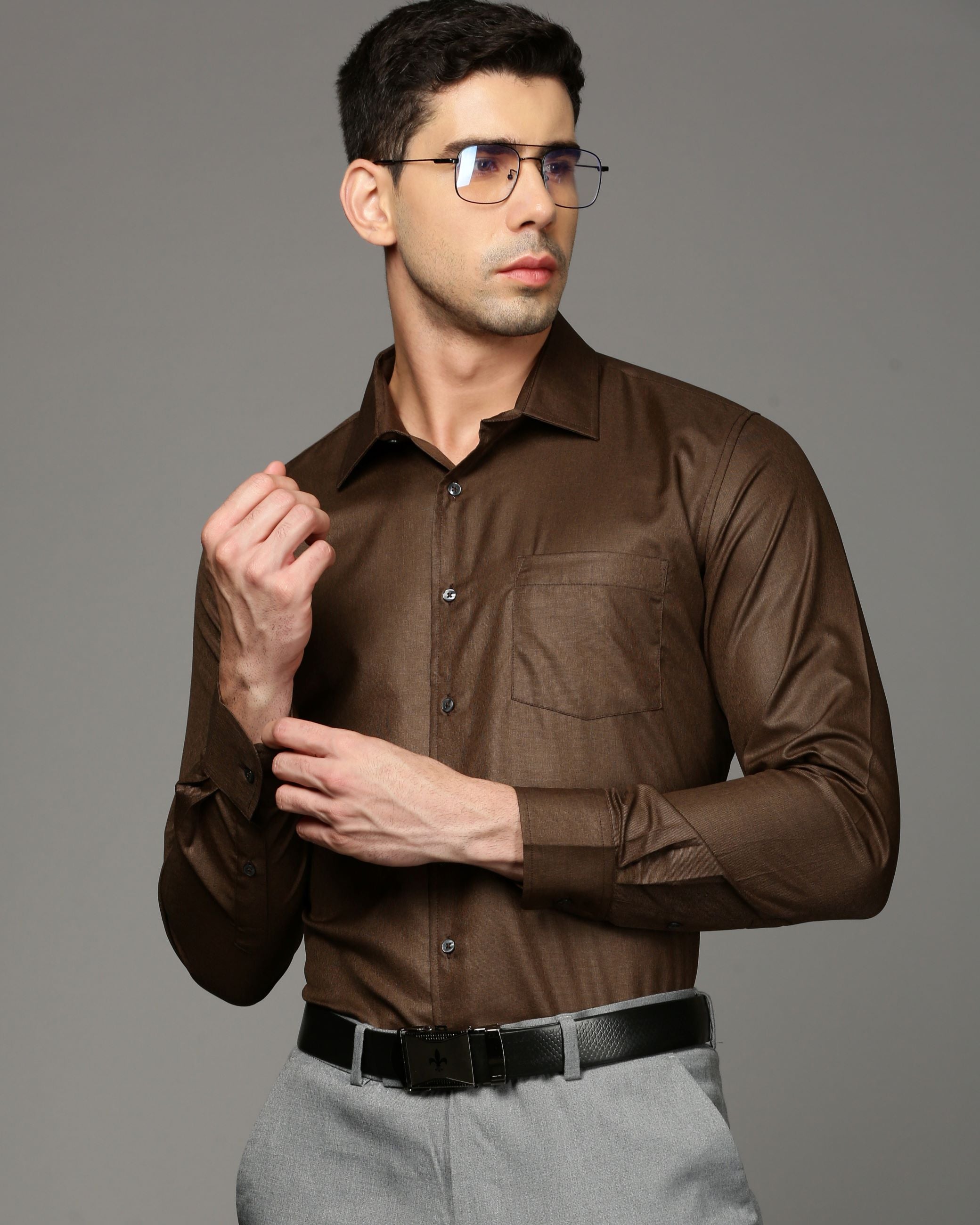 Men Brown Cotton Blend Slim Shirt