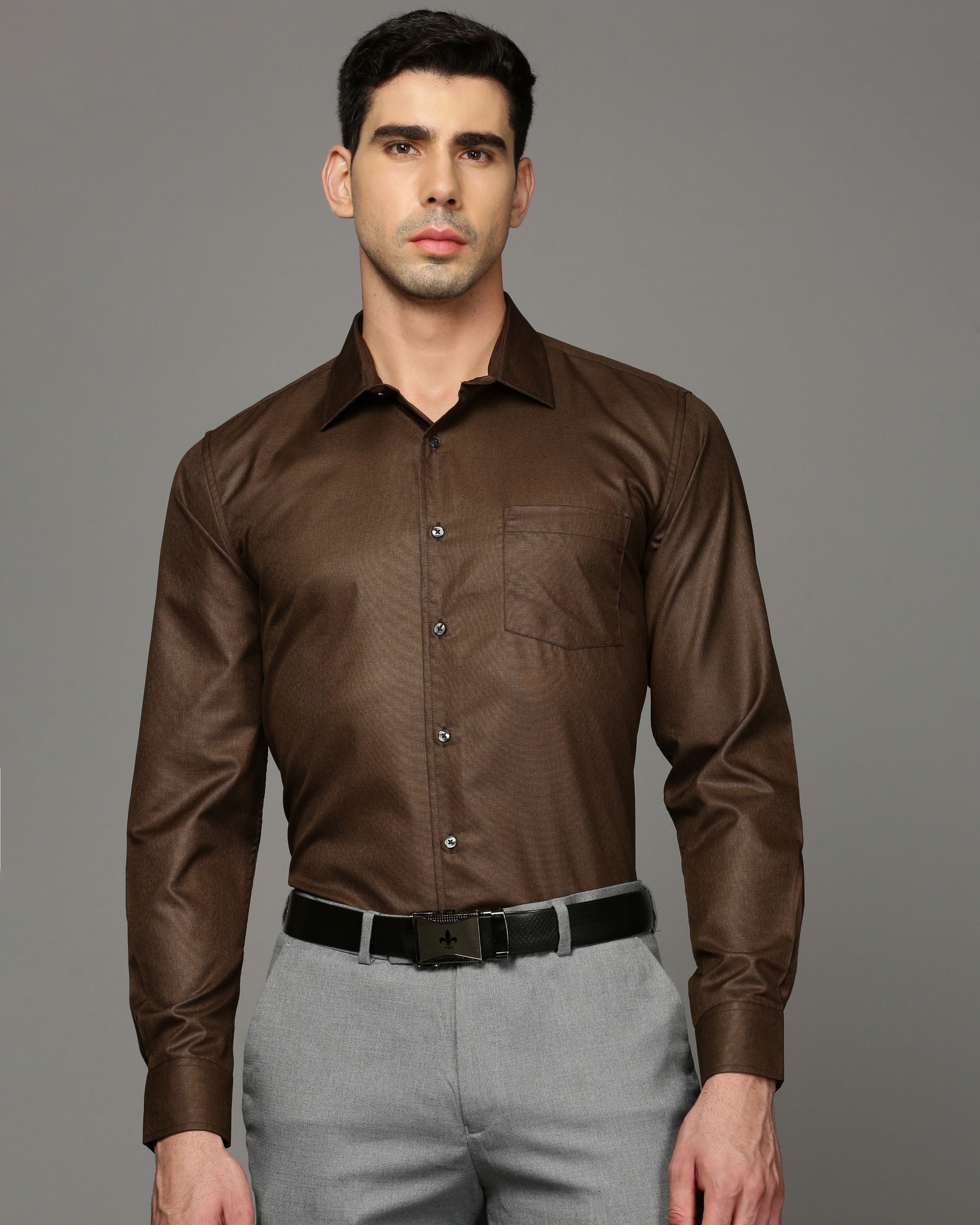 Men Brown Cotton Blend Slim Shirt