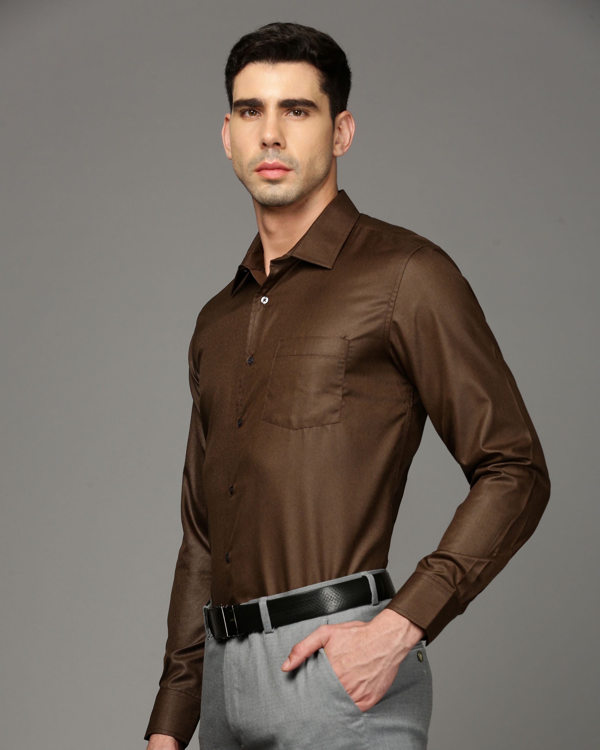 Men Brown Cotton Blend Slim Shirt