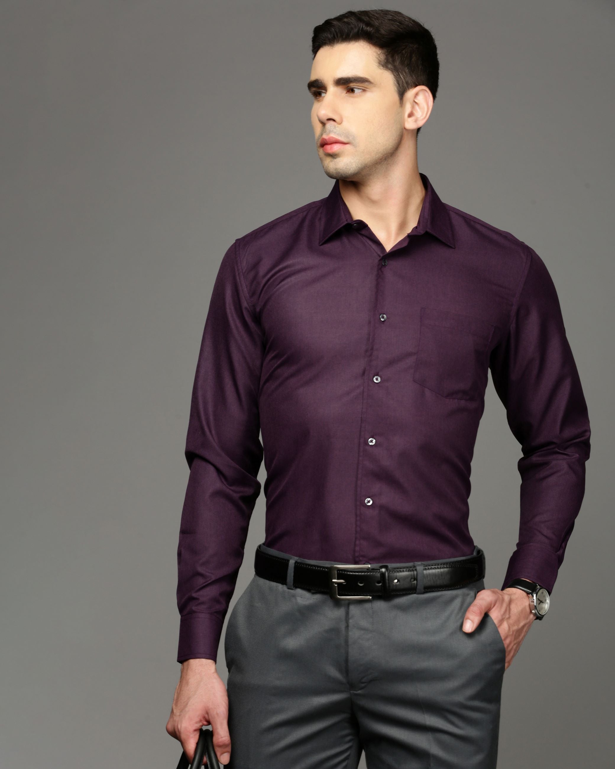 Men Purple Cotton Blend Slim Shirt