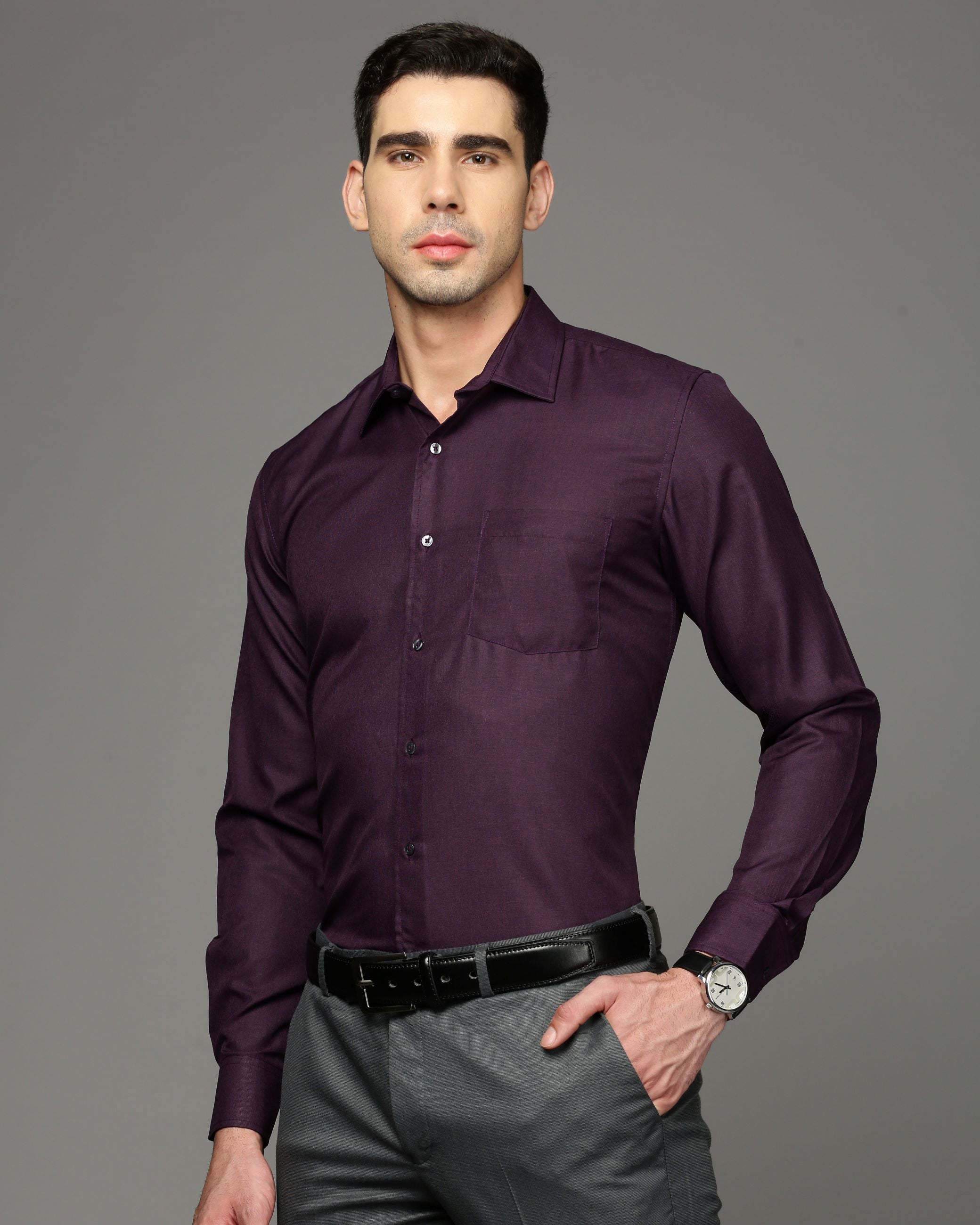 Men Purple Cotton Blend Slim Shirt