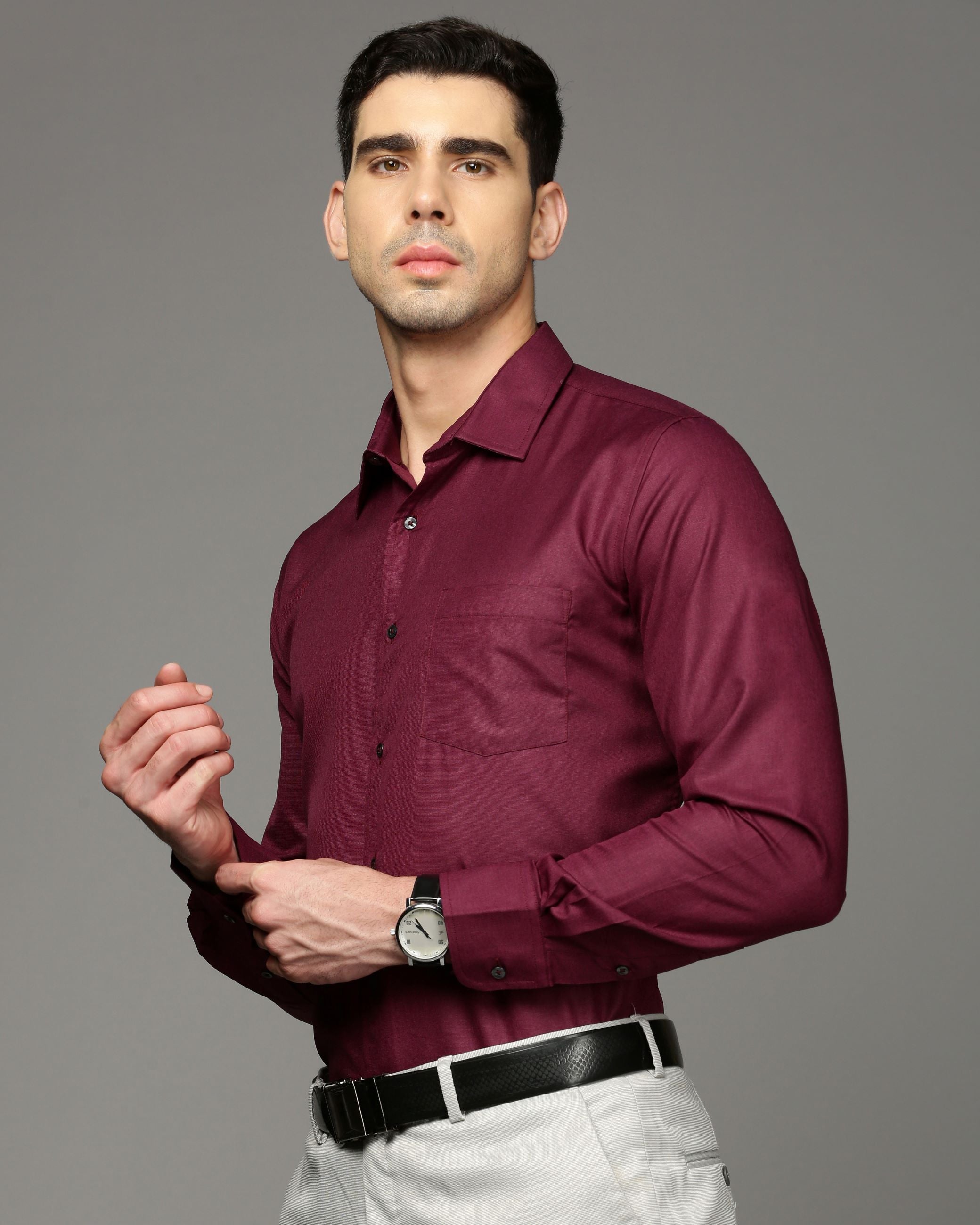 Men Magenta Cotton Blend Slim Shirt
