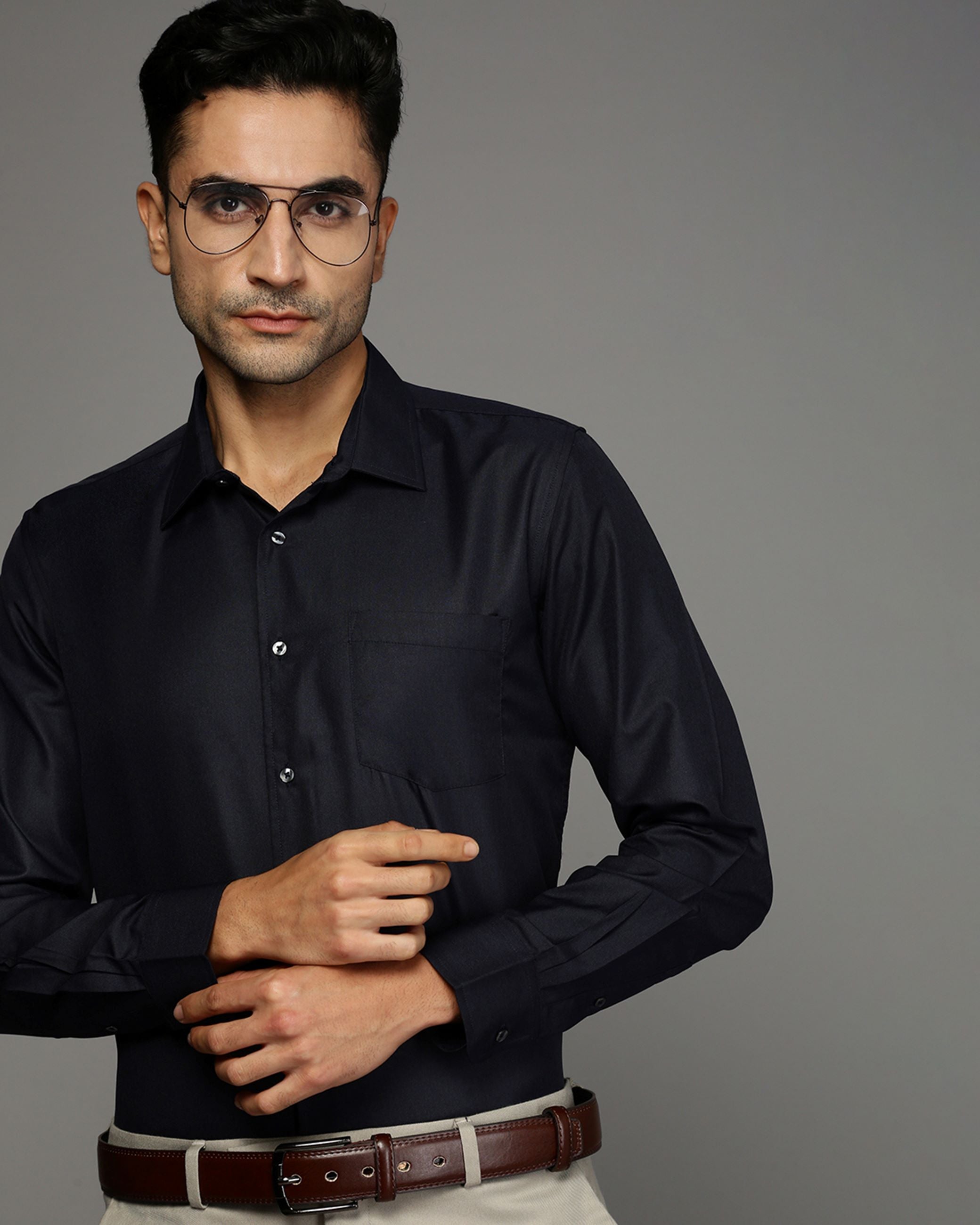 Men Blue Cotton Blend Slim Shirt