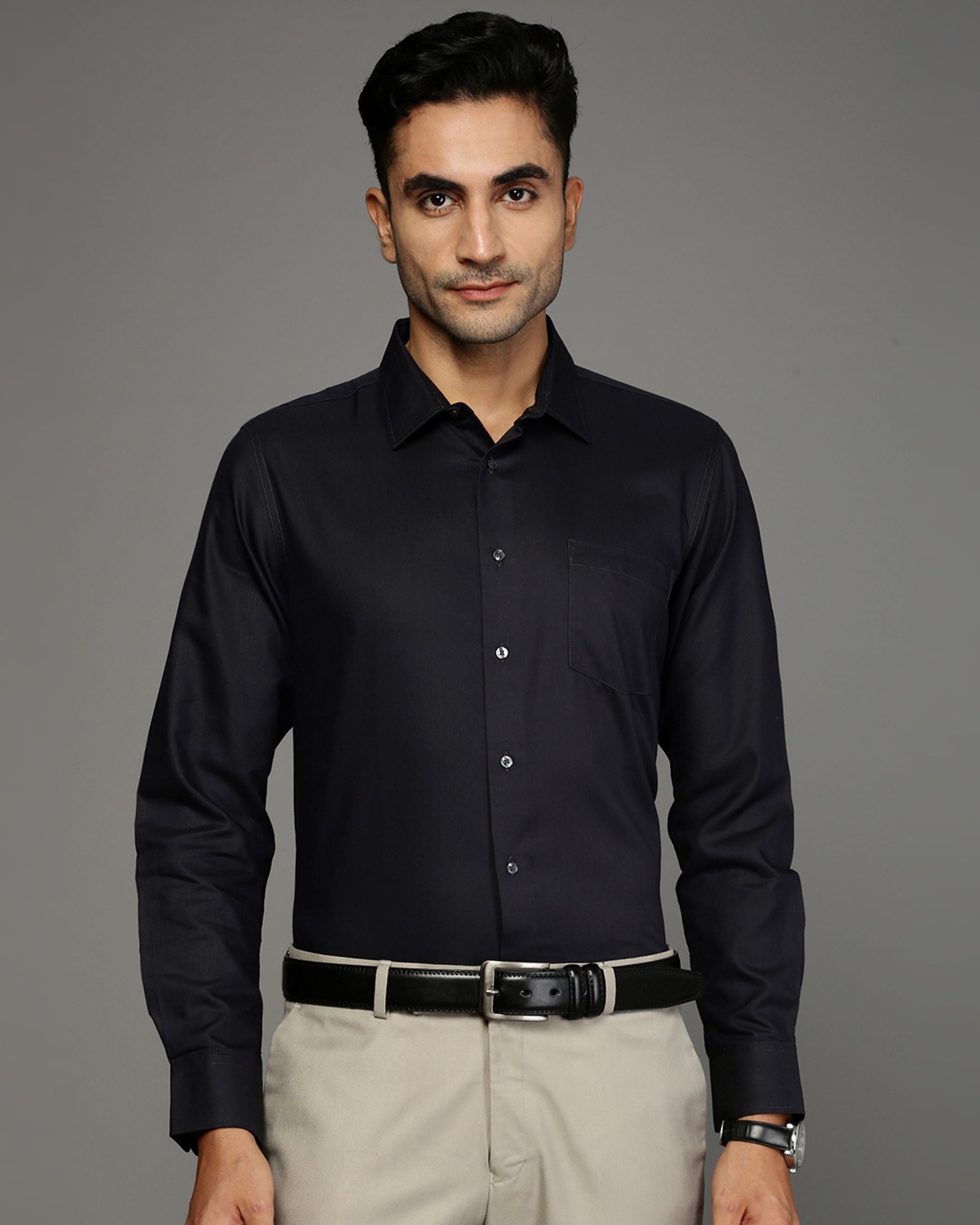 Men Black Cotton Blend Slim Shirt