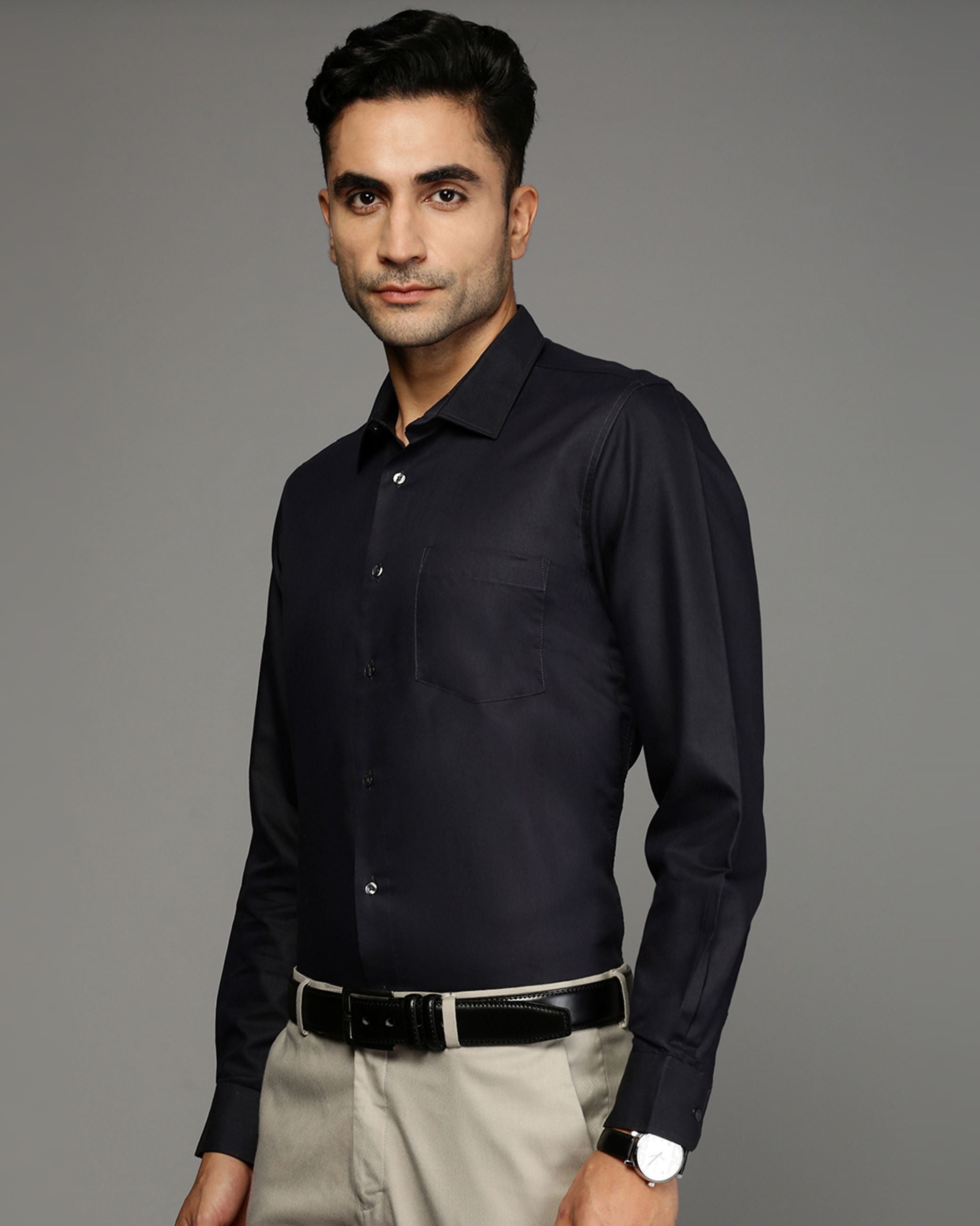 Men Black Cotton Blend Slim Shirt